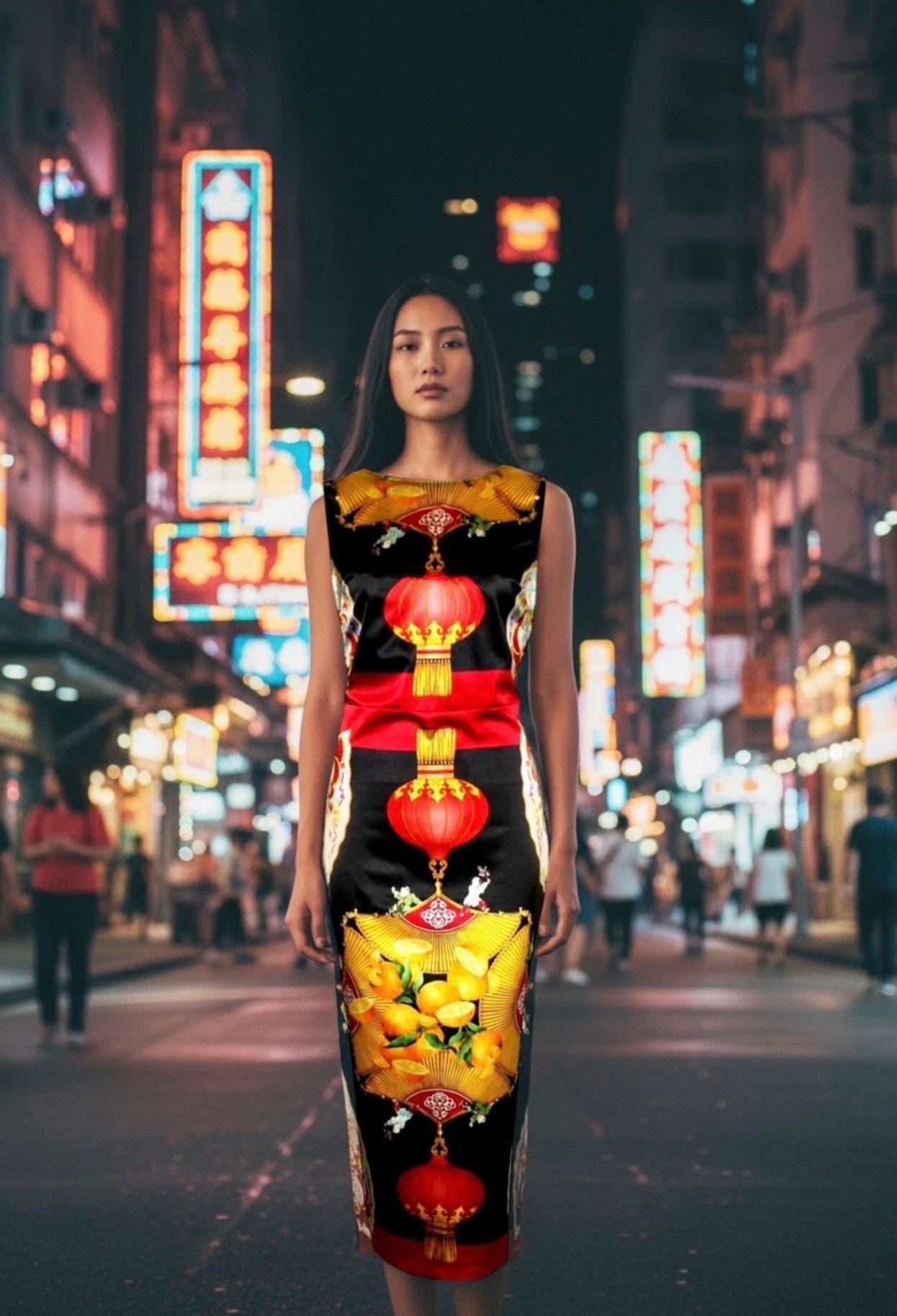 UNWORN Rare Dolce & Gabbana 1998 Chinese Lantern Print Corset Hook Midi Dress S For Sale 6