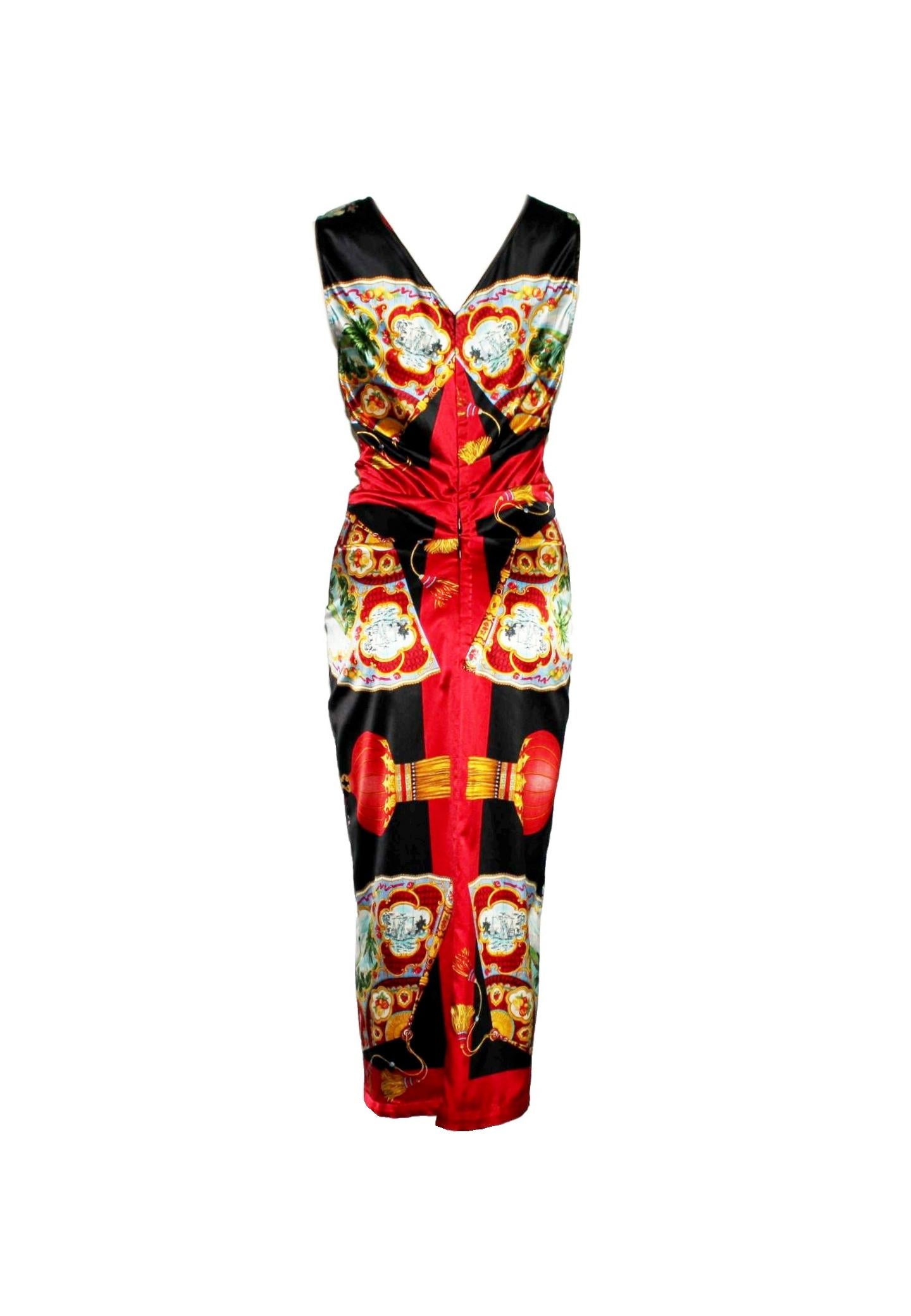 Brown UNWORN Rare Dolce & Gabbana 1998 Chinese Lantern Print Corset Hook Midi Dress S For Sale