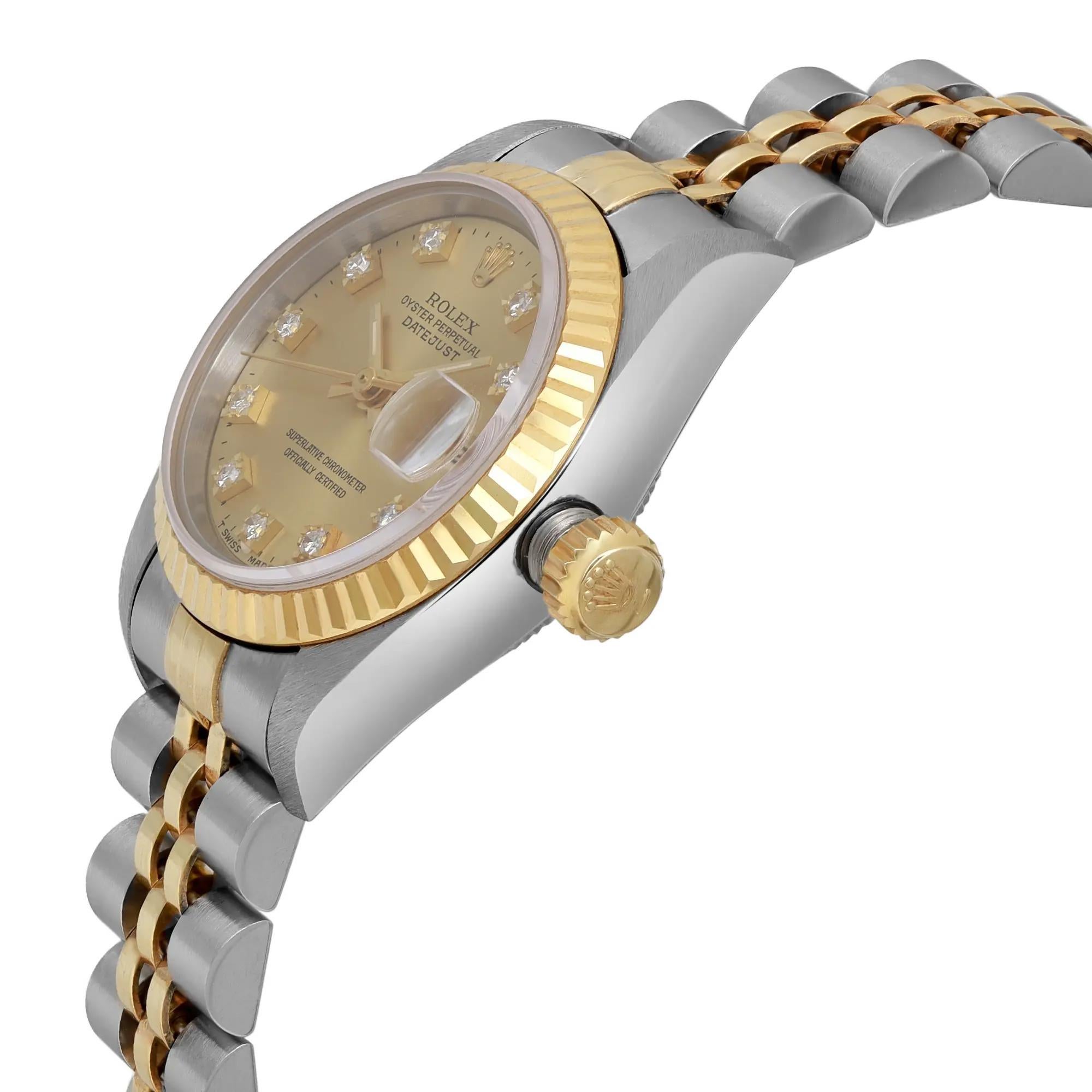 Unworn Rare Rolex Datejust 26mm Gold Steel Diamond Champagne Dial Watch 69173 In Excellent Condition In New York, NY