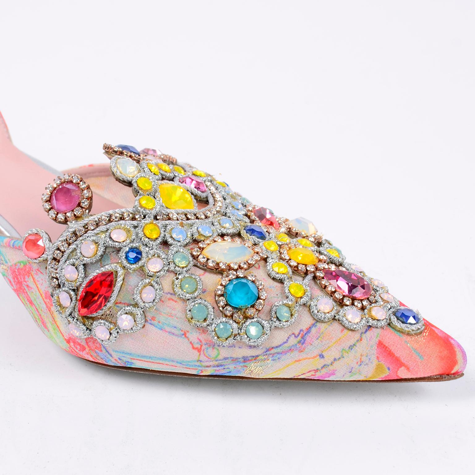 Beige Unworn Rene Caovilla Shoes Jewelled Slingback Low Heels w Silver Glitter Soles 