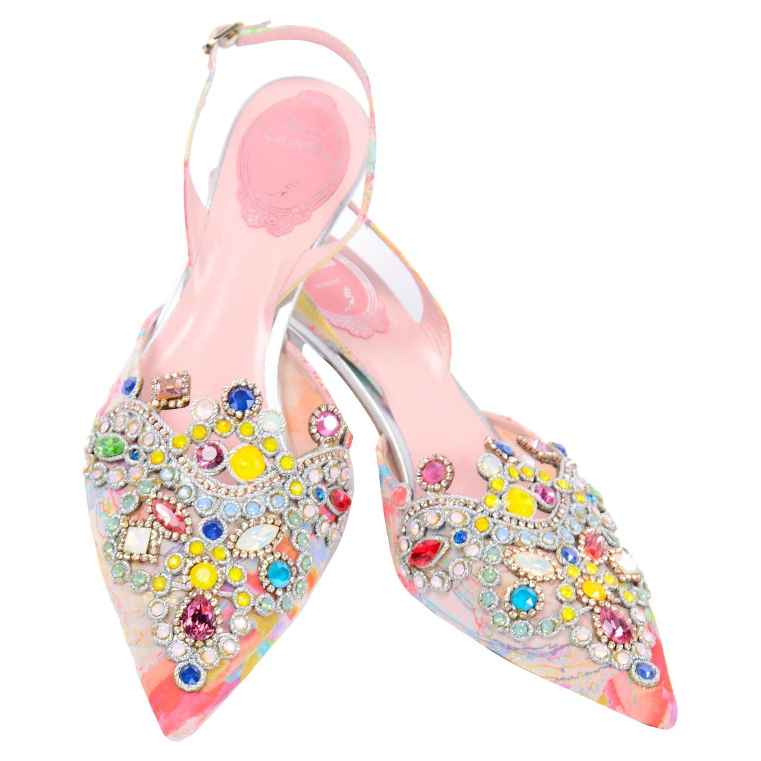 Unworn Rene Caovilla Shoes Jewelled Slingback Low Heels w Silver Glitter Soles 