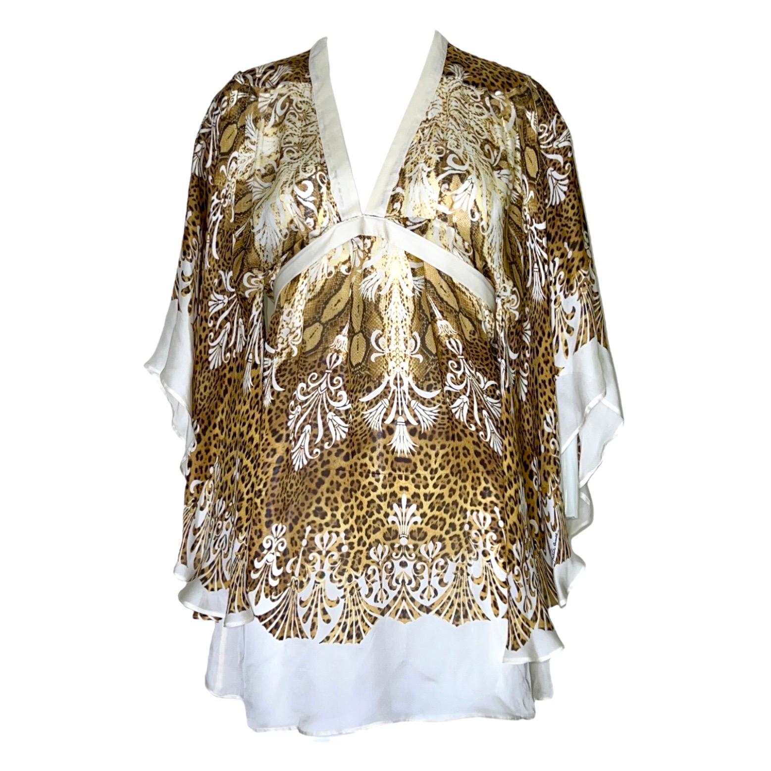 Beige UNWORN Roberto Cavalli Animal Wild Cat Cheetah Floral Print Silk Tunic 42 For Sale