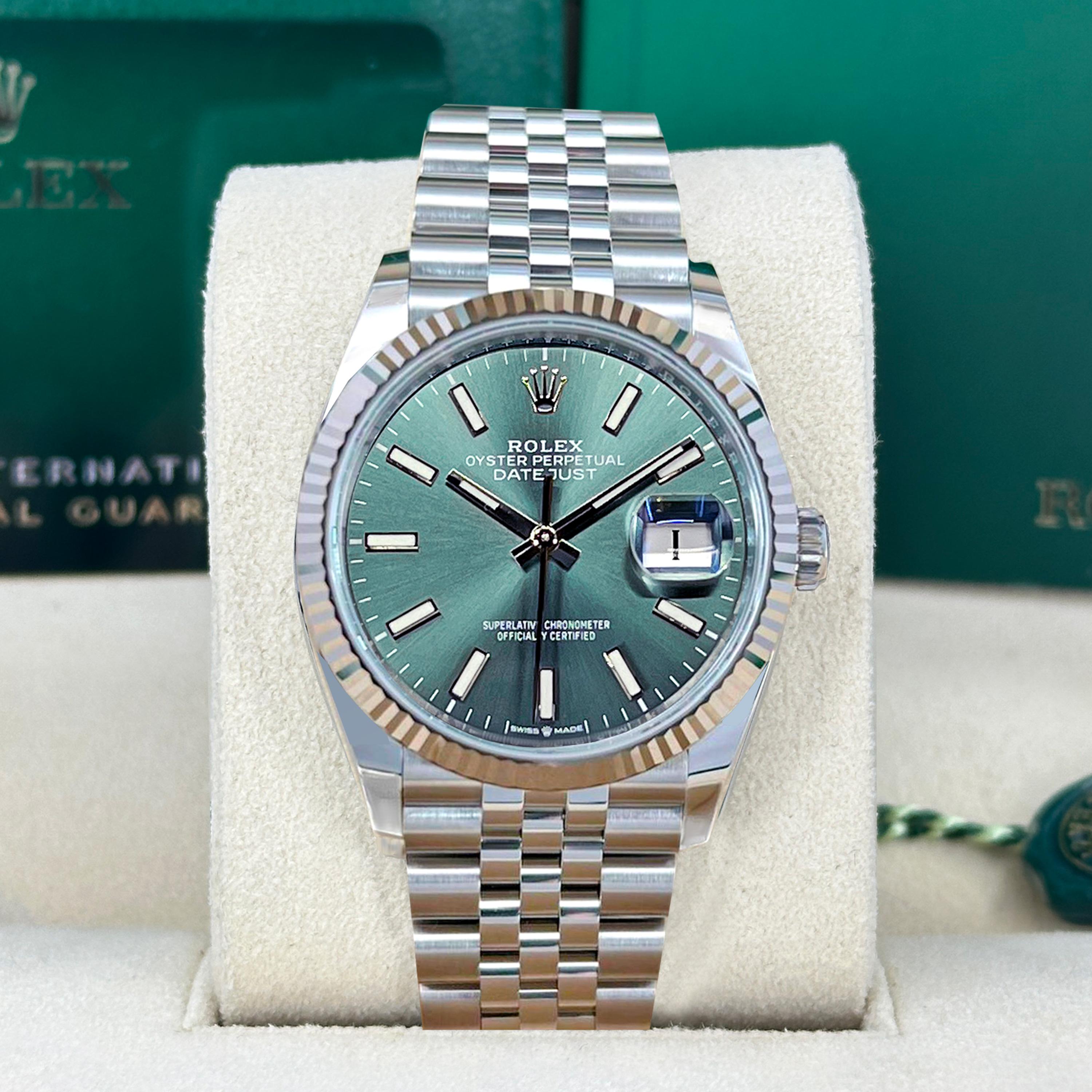 Ungetragene Rolex Datejust 36 Mint Green Jubile Reference# 126234, Komplettset, 2025 im Angebot 11