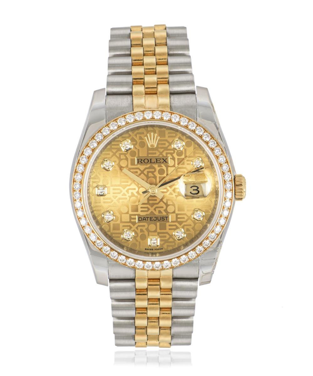 An unworn NOS Datejust 36 in Oystersteel and yellow gold by Rolex. Features a jubilee champagne dial and yellow gold bezel both set with round brilliant cut diamonds. The Jubilee bracelet comes with a concealed folding Crownclasp. Fitted with