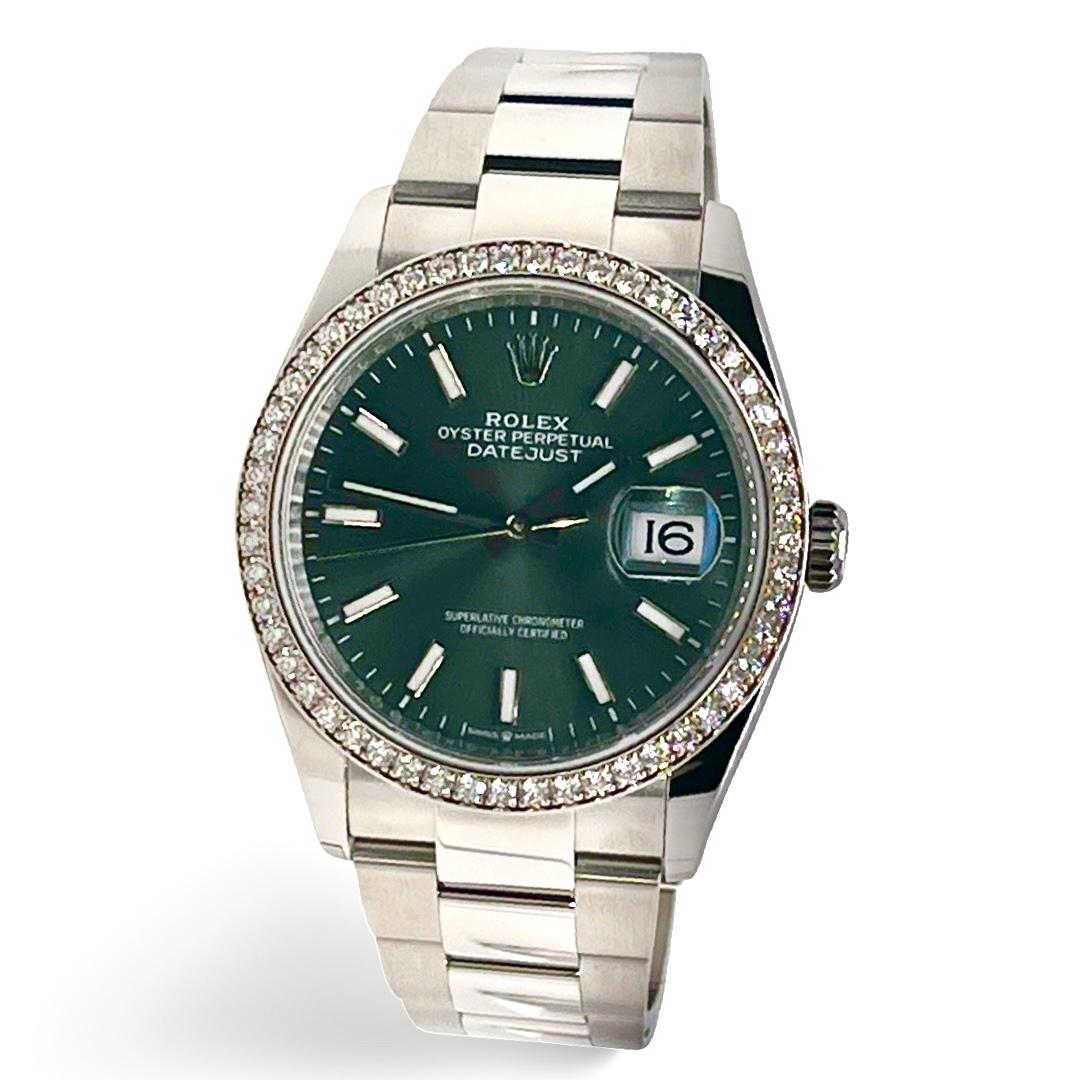Brand: Rolex

Model Name: Datejust 

Model Number: 126284RBR MGIO

Movement: Mechanical Automatic

Case Size: 36 mm

Case Material: Rolesor Stainless Steel

Dial: Mint Green

Bracelet: Oyster

Bezel: Factory Diamonds

Crystal: Sapphire Crystal