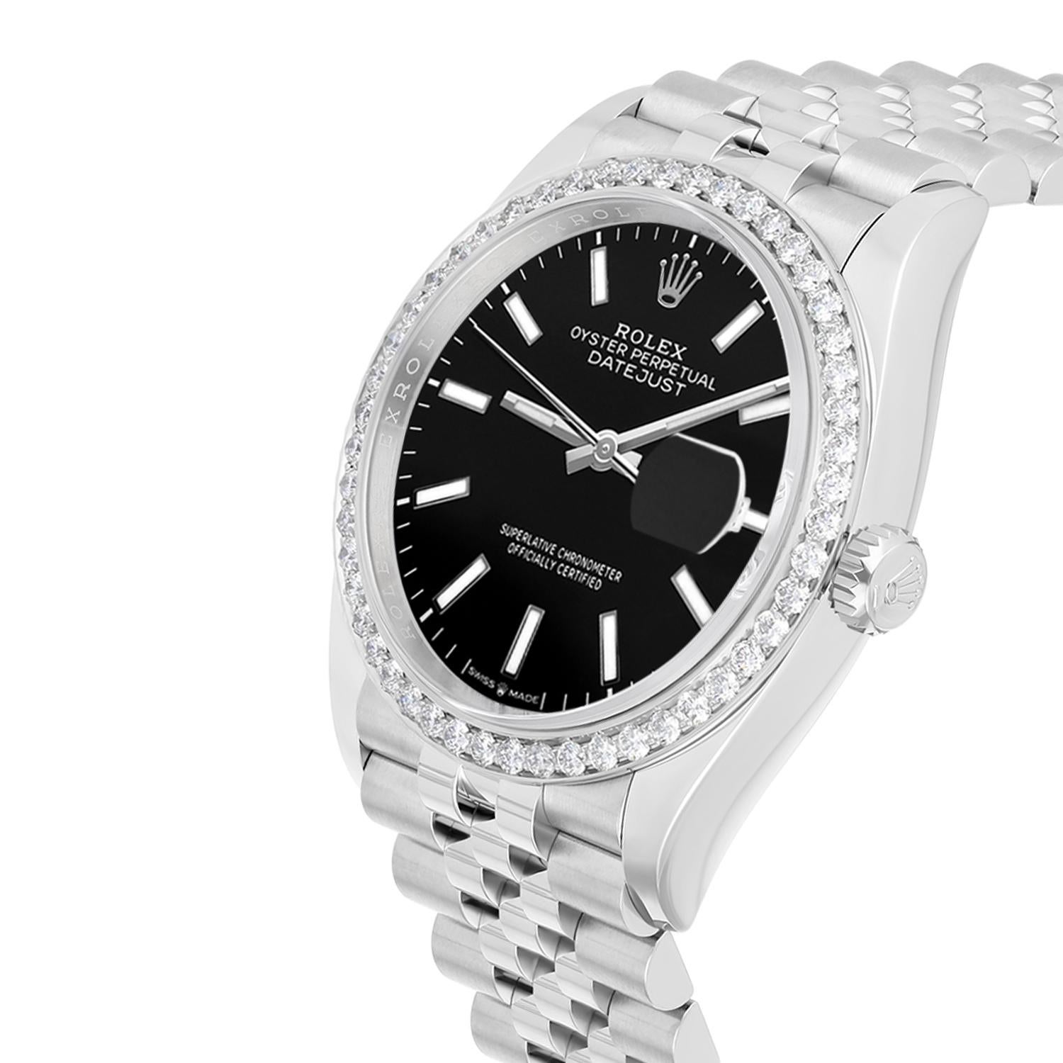 Modern Unworn Rolex Datejust Black 36mm Stainless Steel Jubilee Watch 126234 Complete For Sale