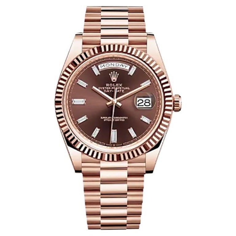 Unworn Rolex Daydate 40 18k Rose Gold Chocolate Baguette Diamond Dial ...