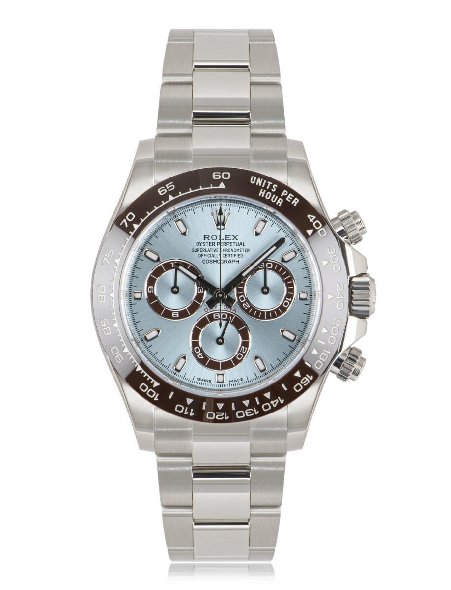 An unworn platinum Daytona 40mm from Rolex, featuring an ice blue dial which is the exclusive signature of a Rolex platinum watch. With its engraved tachymetric scale on the chestnut brown ceramic bezel, three chronograph counters and pushers, this