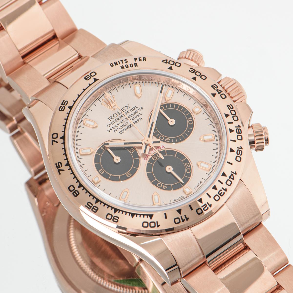 An unworn 40mm rose gold Cosmograph Daytona from Rolex, featuring a sundust and black dial which is a new 2021 release. With an engraved tachymetric scale, three counters and pushers, the Daytona was designed to be the ultimate timing tool for