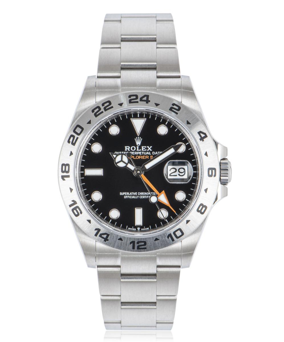 Released in 2021, this 42mm Explorer II in Oystersteel by Rolex is in unworn condition. Featuring a black dial with the date at 3 o'clock, an arrow-shaped orange 24 hour hand and a fixed bezel that features a 24 hour display.

An Oyster bracelet