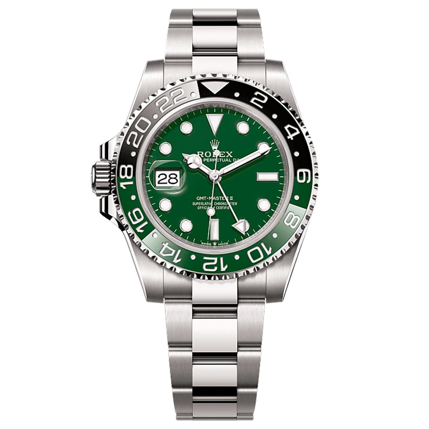 La Rolex GMT-Master II Ref. 126729VTNR-0001 est une expression étonnante d'innovation, de précision et de luxe raffiné. Entièrement réalisé en or blanc massif 18 carats, le boîtier Oyster de 40 mm incarne la force et l'élégance en parfaite harmonie.