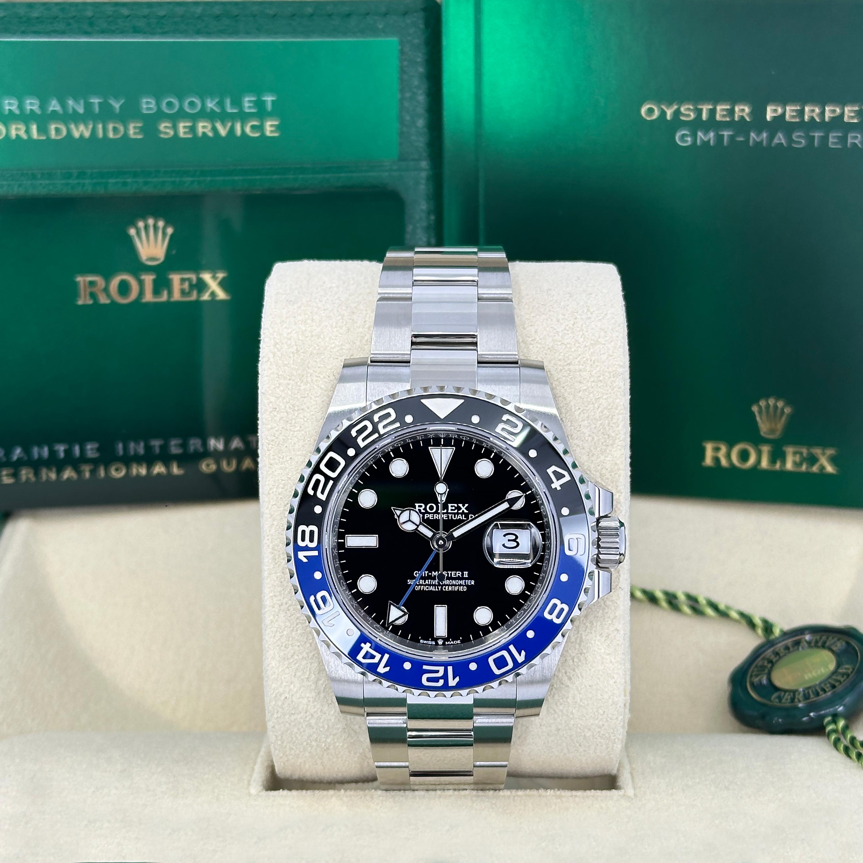 Rolex GMT-Master II 126710BLNR – “Batman” Steel GMT with Blue & Black Bezel

The Rolex GMT-Master II 126710BLNR, affectionately nicknamed the “Batman,” is a bold evolution of one of Rolex’s most iconic travel watches. Defined by its striking blue