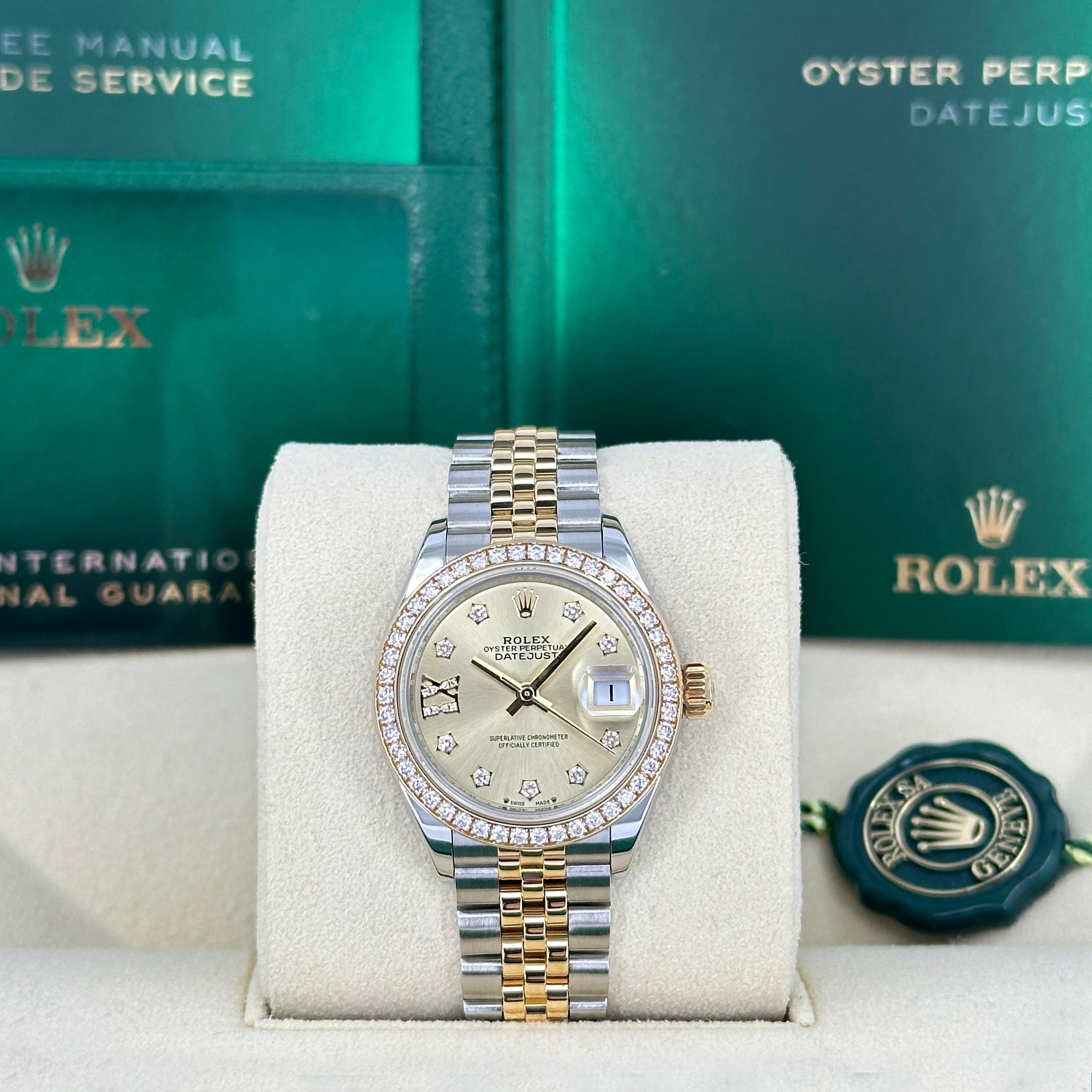 Die Rolex Lady-Datejust 28 Ref. 279383RBR-0021 ist die Verkörperung zeitloser Raffinesse, die luxuriöse Materialien mit meisterhafter Handwerkskunst verbindet. Dieser 28 mm große Zeitmesser ist aus Yellow Rolesor gefertigt, der für Rolex