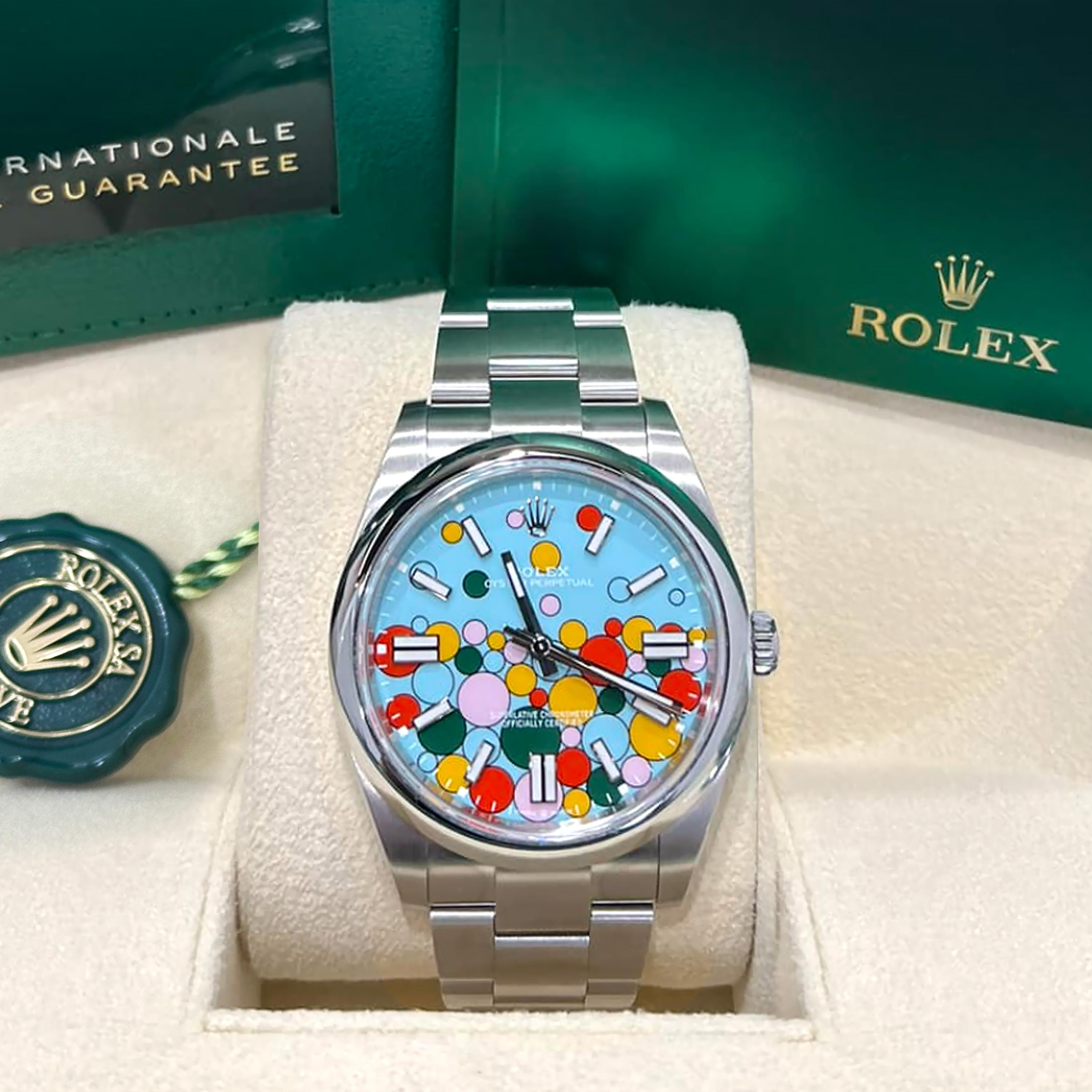 Die Rolex Oyster Perpetual 41 Ref. 124300-0008, eingeführt im Jahr 2023, definiert einen zeitlosen Klassiker mit einer fröhlichen und künstlerischen Note neu. Dieses vollständig aus robustem Oystersteel gefertigte 41-mm-Meisterwerk verkörpert die