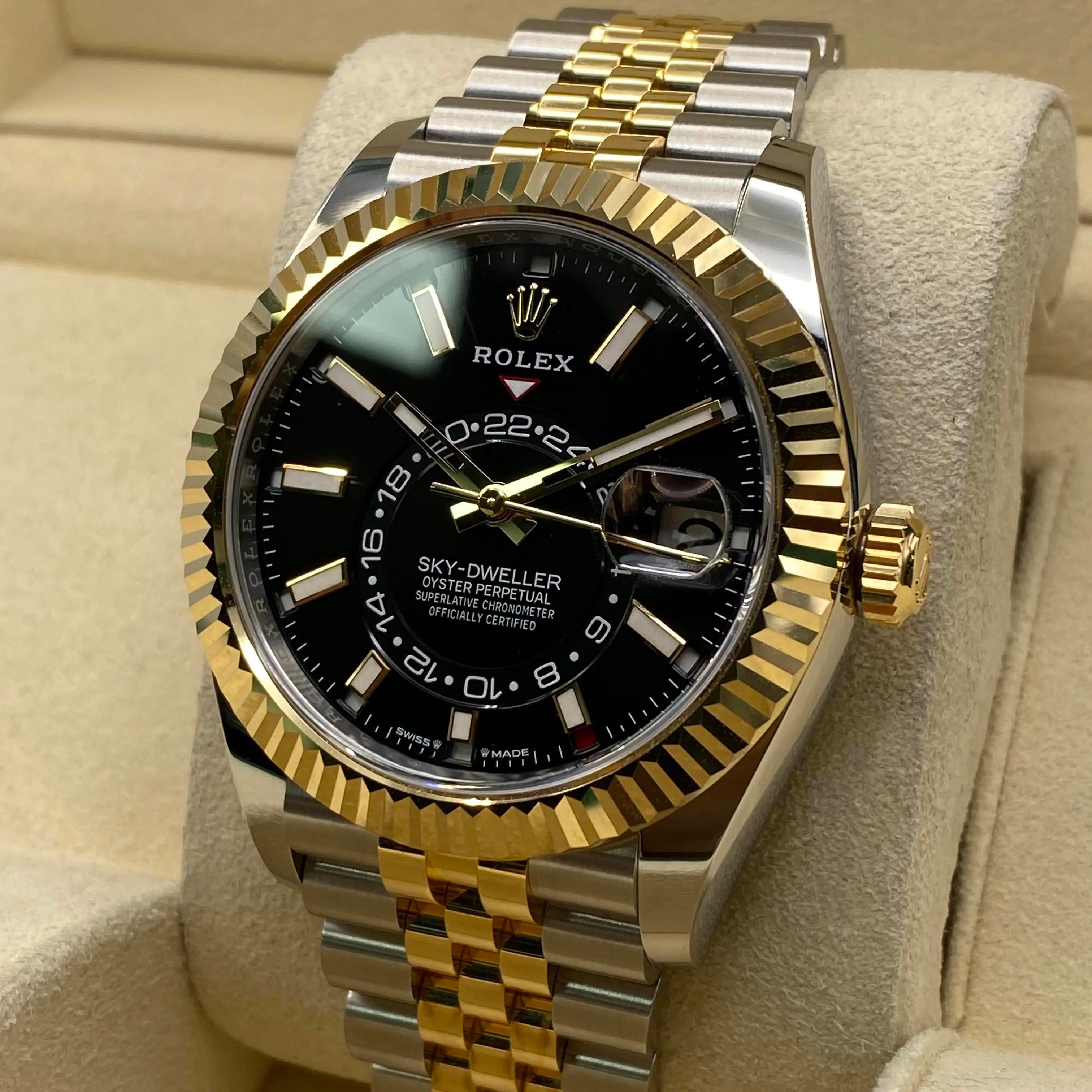 Unworn Rolex Sky-Dweller Jubilee Yellow Gold Steel Black Dial Watch B&P 336933 In New Condition For Sale In New York, NY