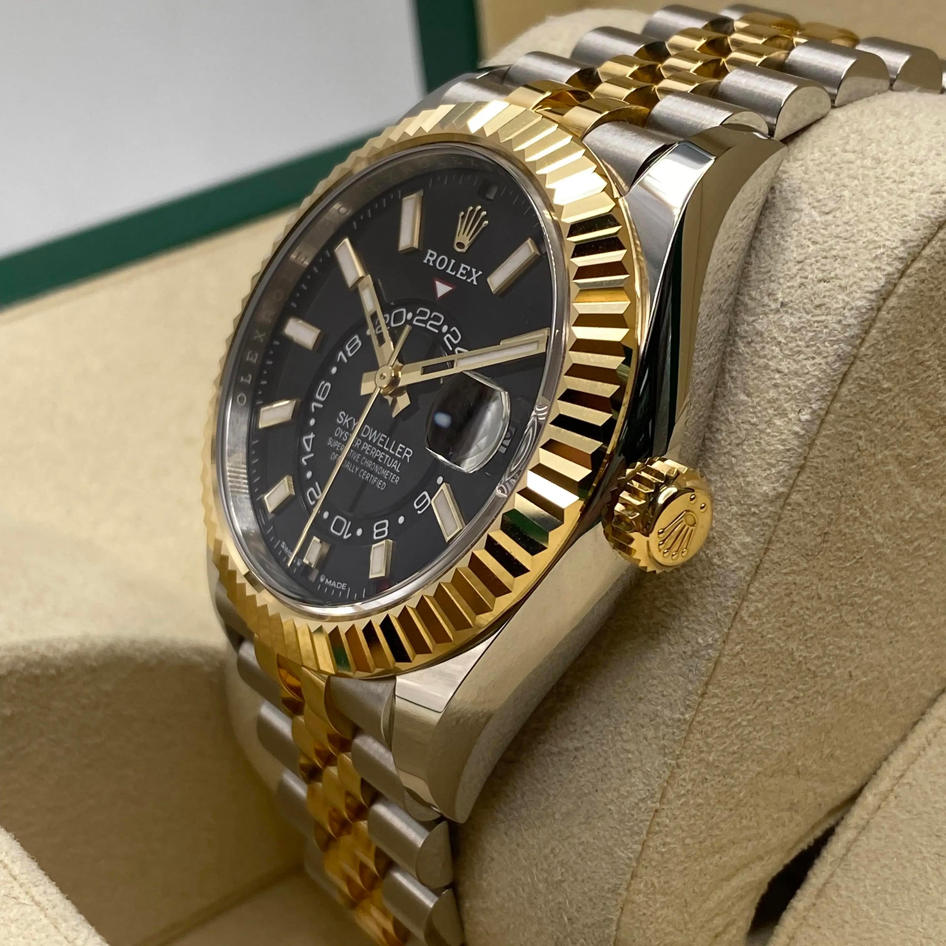 Men's Unworn Rolex Sky-Dweller Jubilee Yellow Gold Steel Black Dial Watch B&P 336933 For Sale