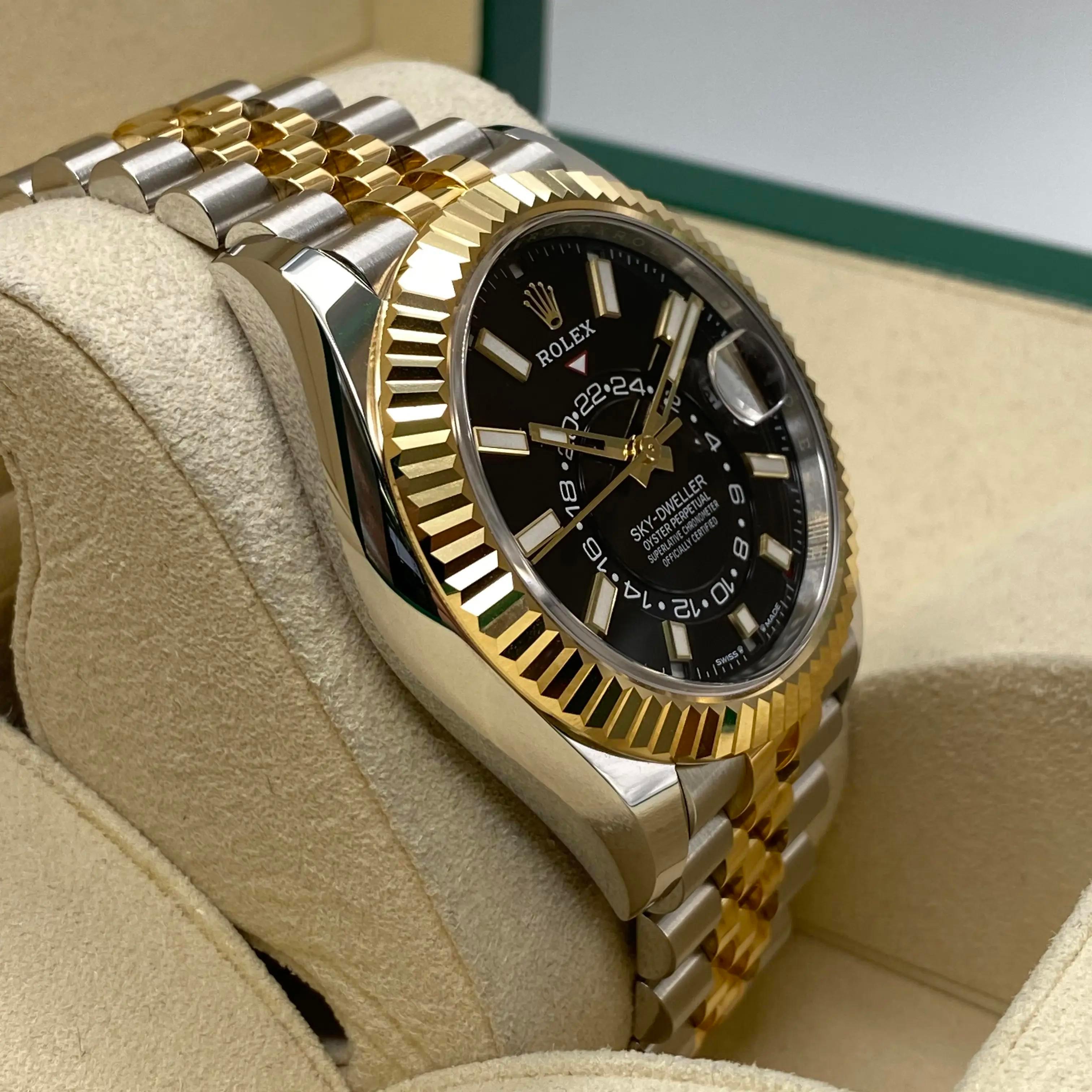 Unworn Rolex Sky-Dweller Jubilee Yellow Gold Steel Black Dial Watch B&P 336933 For Sale 1