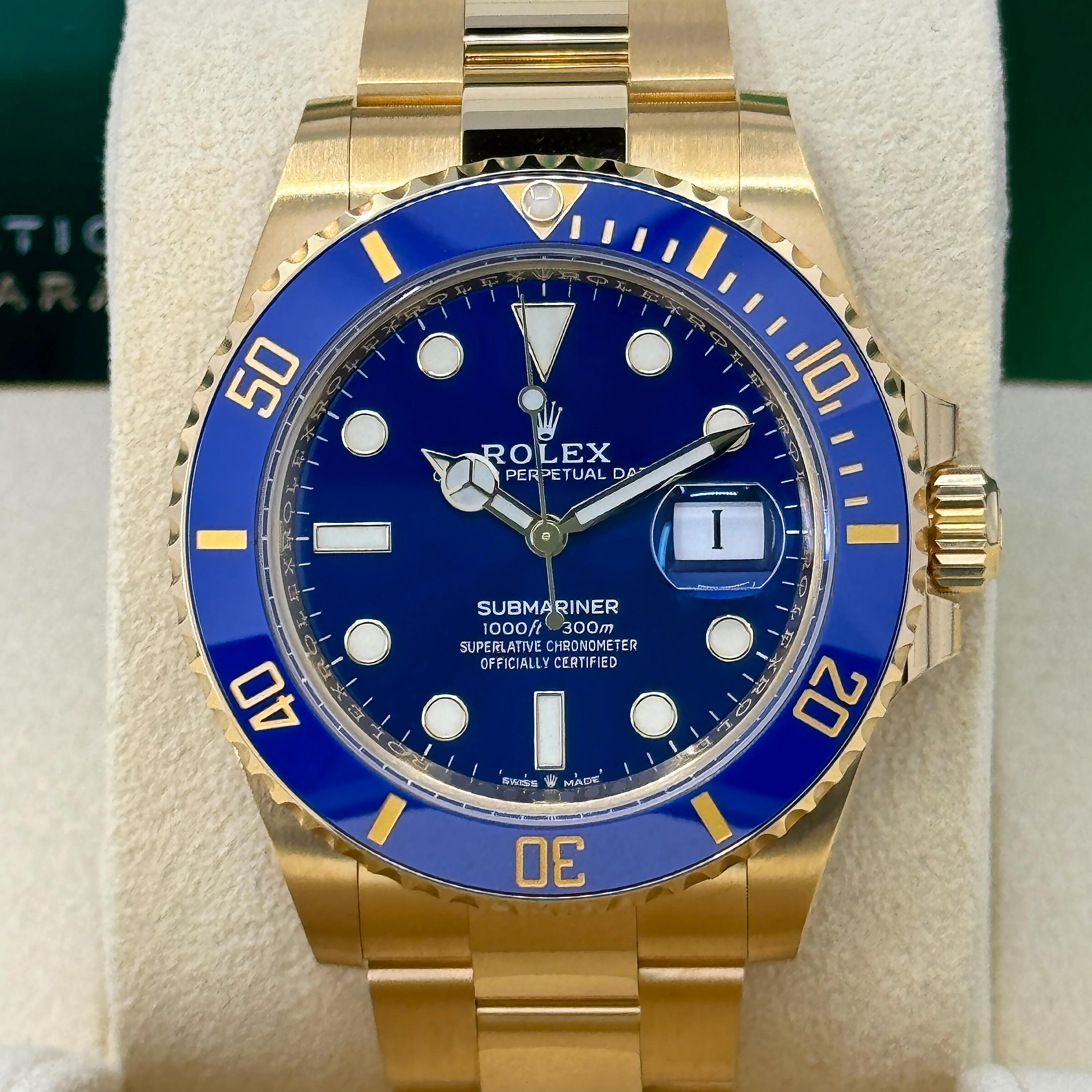 Rolex Submariner Date 126618LB – 18k Yellow Gold Blue Dial “Bluesy” Dive Watch

The Rolex Submariner Date 126618LB is a striking expression of dive watch heritage elevated to pure luxury. Crafted in solid 18k yellow gold and featuring a vivid blue