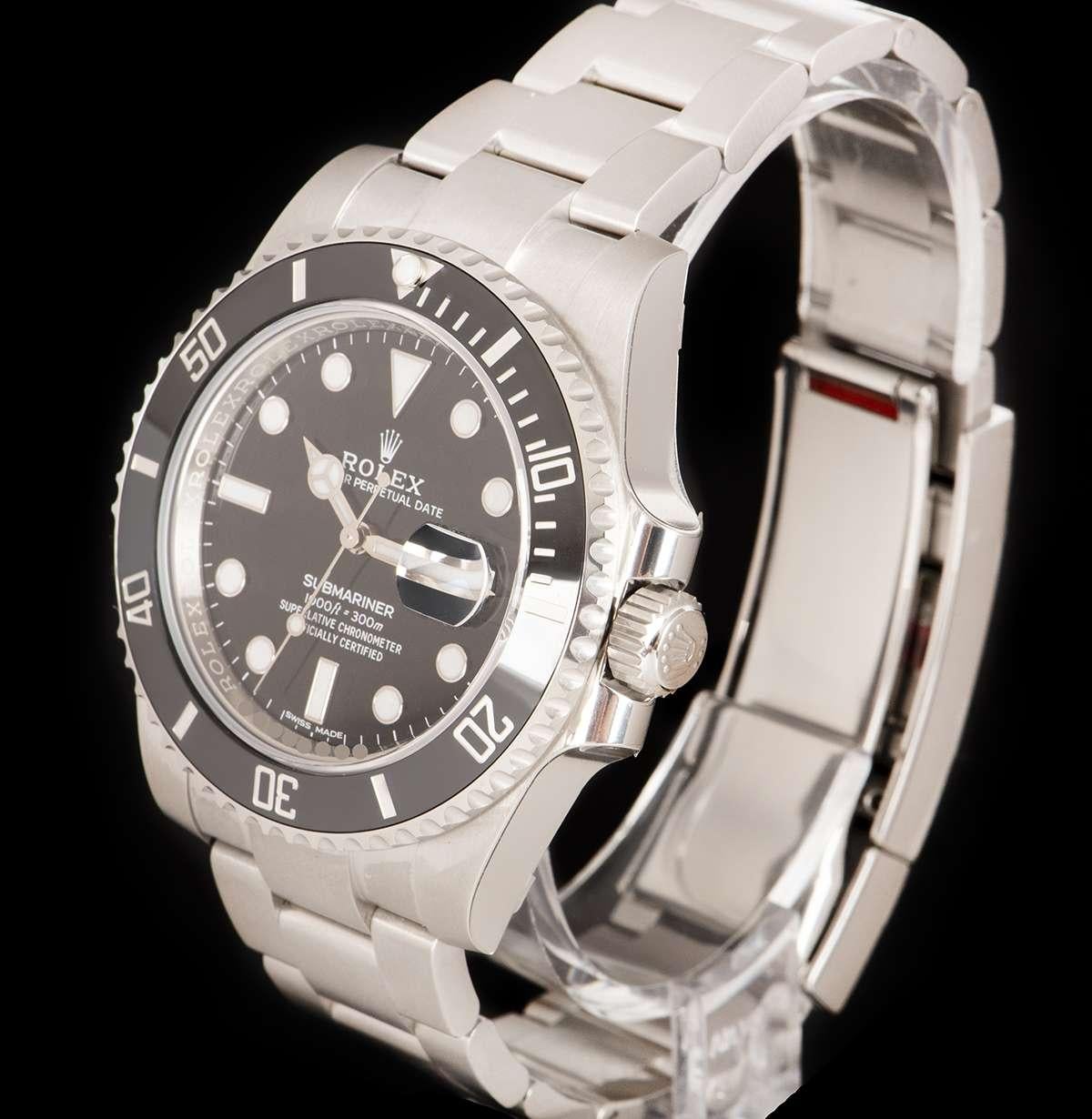 The predecessor to the 126610LN, this Submariner Date 40mm in stainless steel is in unworn condition. It features a black dial and a ceramic unidirectional rotatable bezel with 60-minute graduations. Fitted with an Oyster bracelet and Oysterlock