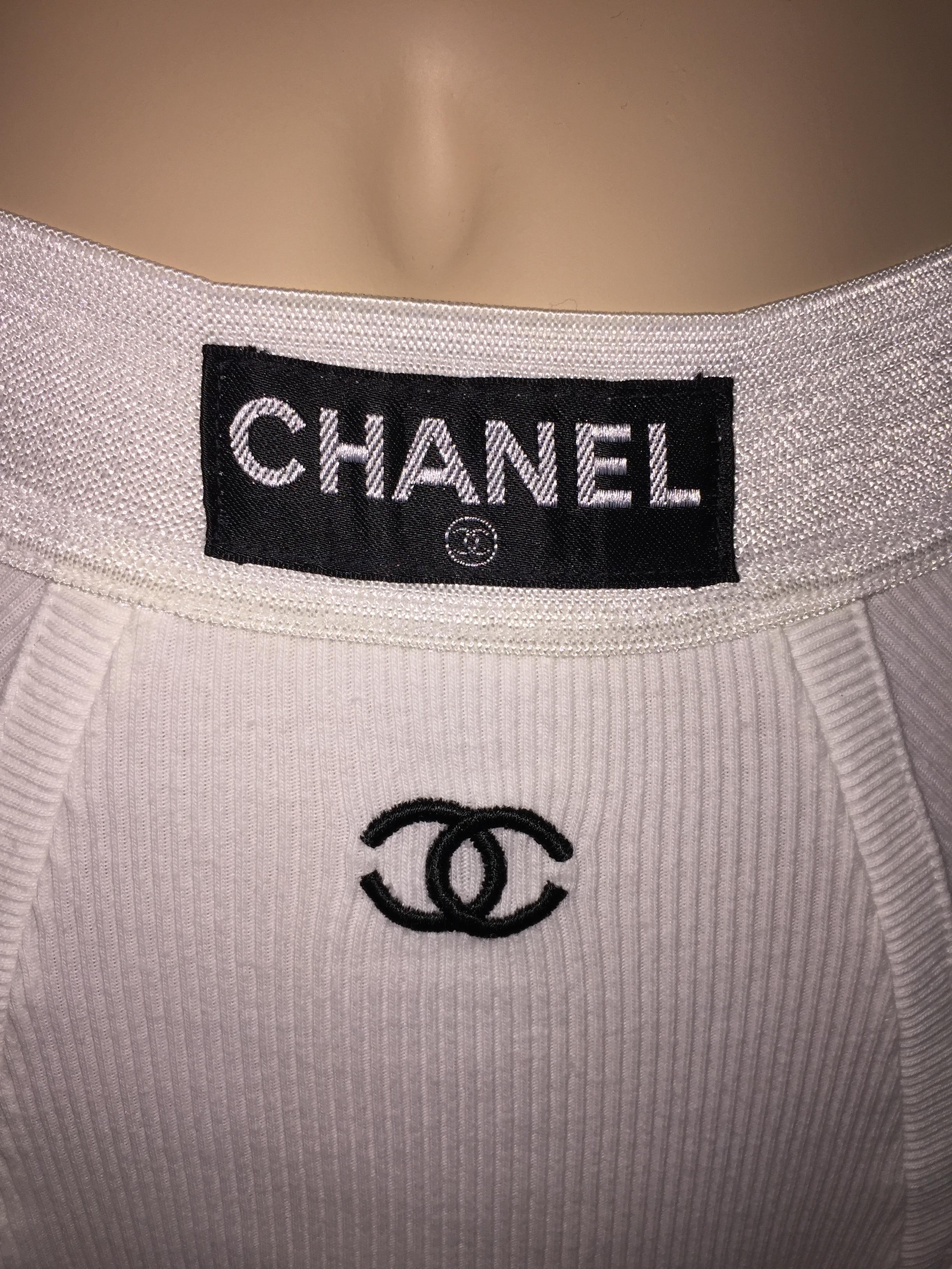 Unworn S/S 1993 Documented Chanel White High Waist Panties & Black Mesh Top In Good Condition In Yukon, OK
