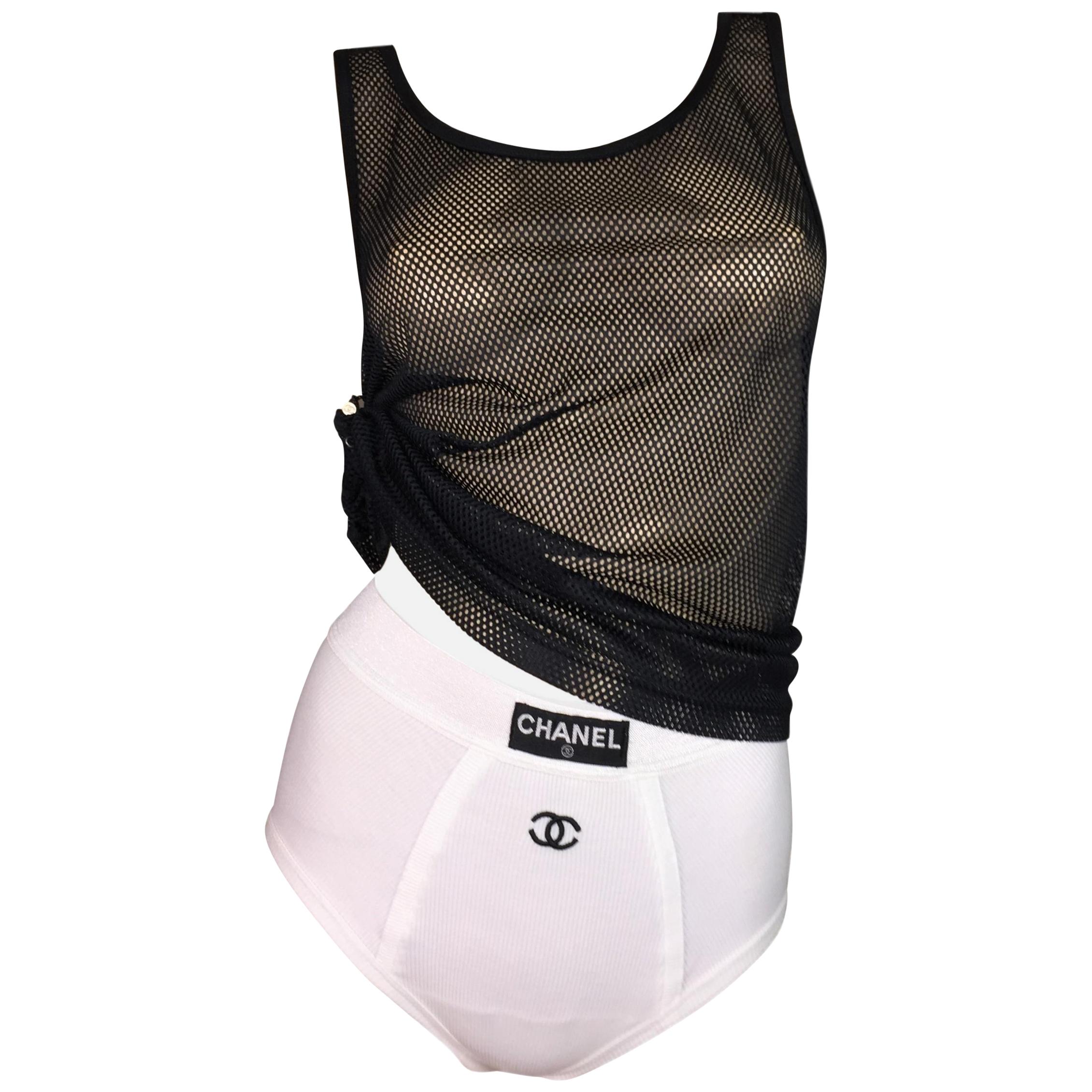 Unworn S/S 1993 Documented Chanel White High Waist Panties & Black Mesh Top