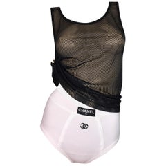 Unworn S/S 1993 Documented Chanel White High Waist Panties & Black Mesh Top