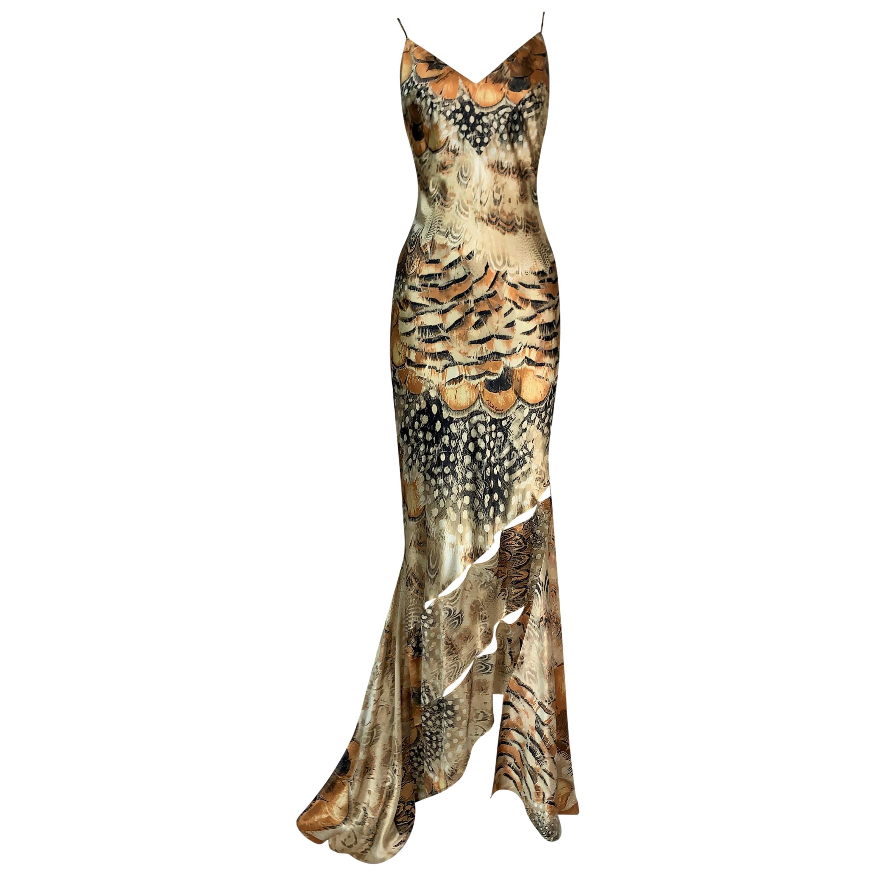 Unworn S/S 2004 Roberto Cavalli Feather Print Cut-Out Gown Dress