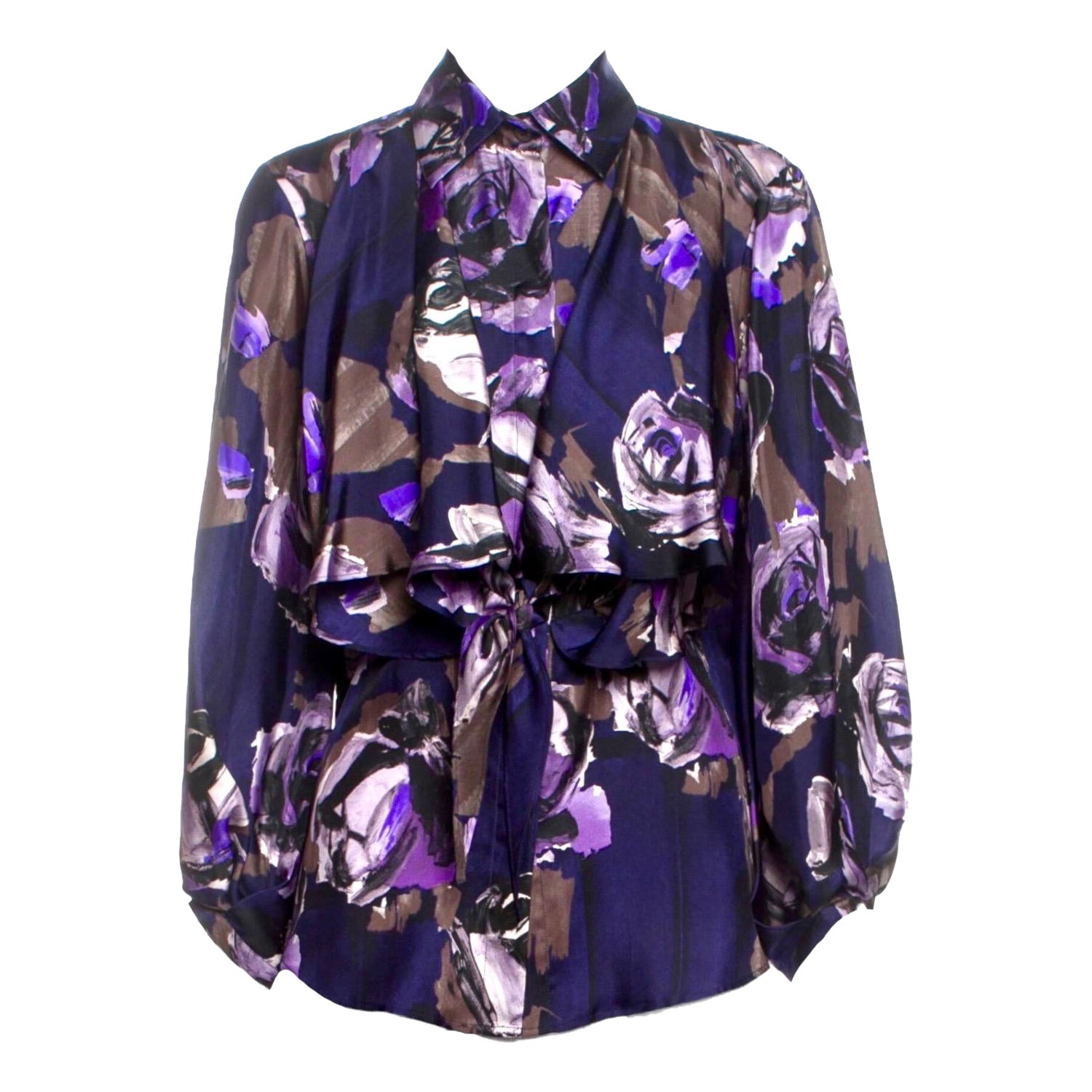 Chemisier en soie Salvatore Ferragamo imprimé floral avec nœud papillon nœud écharpe 42 non porté en vente