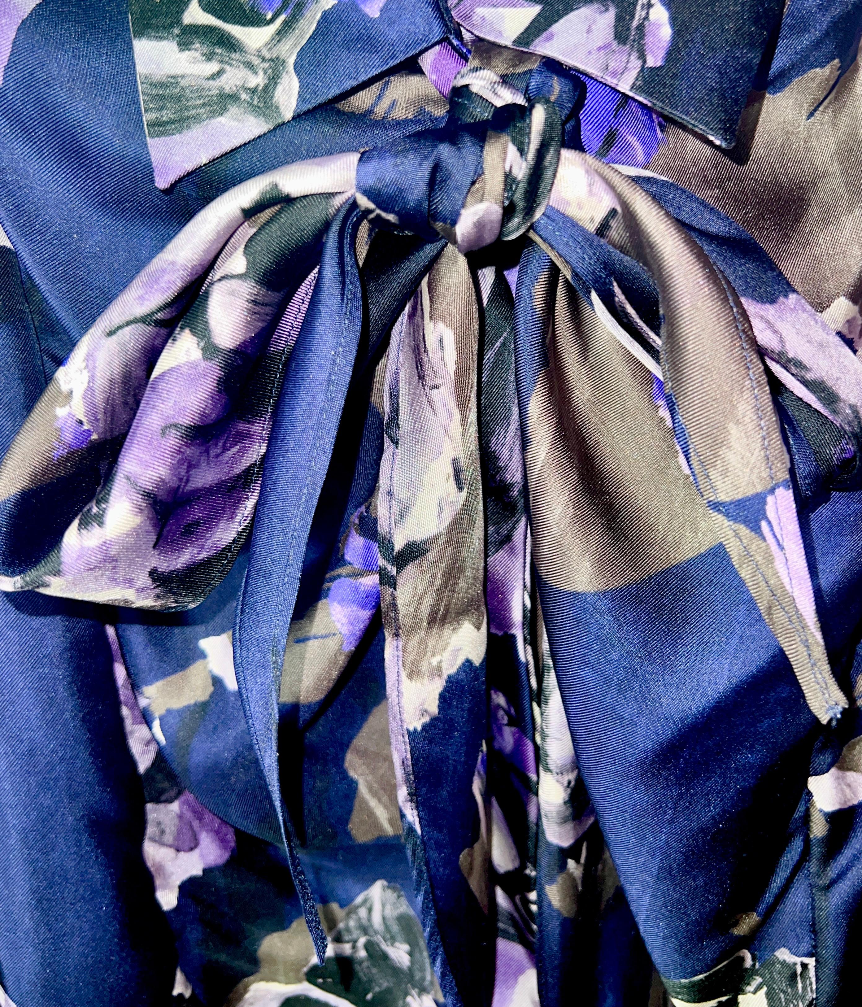 UNWORN Salvatore Ferragamo Floral Print Bow Tie Details Scarf Silk Blouse 42 For Sale 6