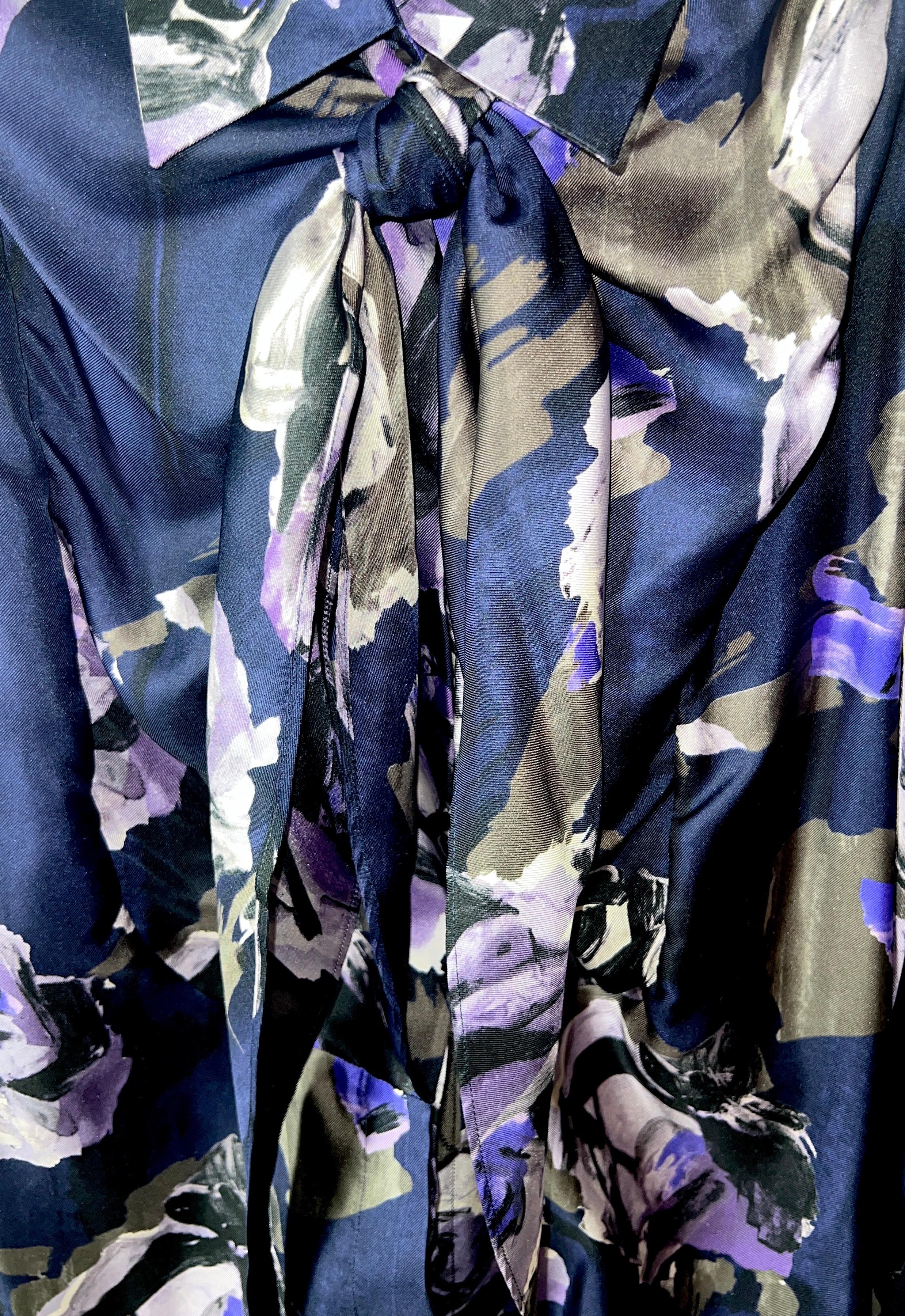 UNWORN Salvatore Ferragamo Floral Print Bow Tie Details Scarf Silk Blouse 42 For Sale 5