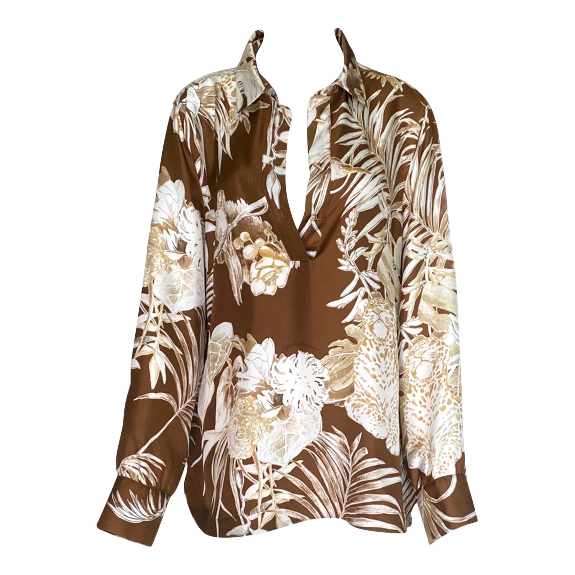 UNWORN Salvatore Ferragamo Jungle Animal Tropical Print Silk Blouse Tunic