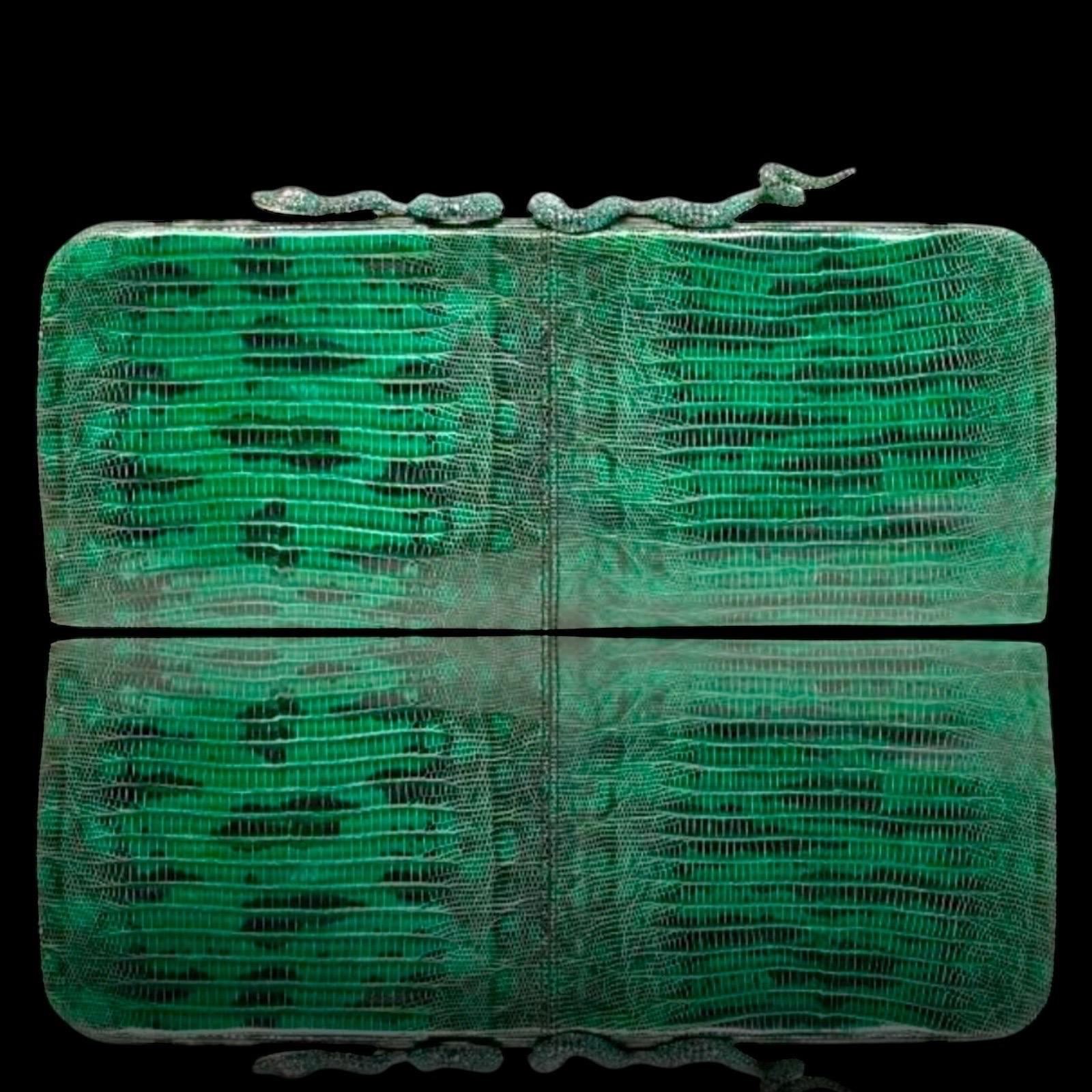Extremely rare and special VALENTINO evening bag
Made of finest exotic lizard skin
Wonderful green colors
Bejeweled with Swarovski crystals, intact
