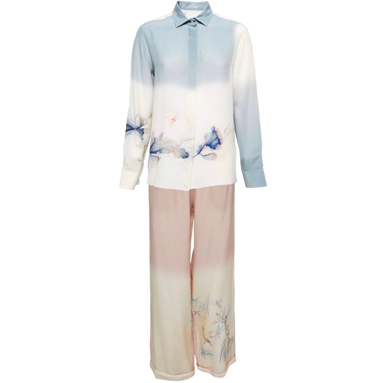 UNWORN Valentino Silk Japanese Watercolors Print Ensemble Blouse Pants Suit M For Sale