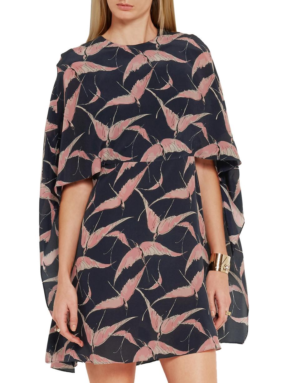 This Valentino dress has been crafted in Italy from featherweight navy silk crepe de chine and is printed with tonal-pink tropical birds - a key motif from the brand. The loose silhouette is enhanced by the fluttering cape back and elegantly reveals