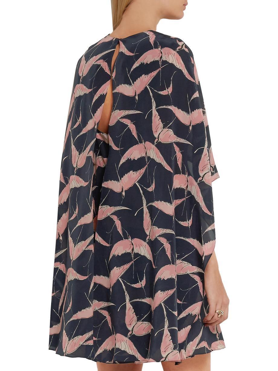 Black UNWORN Valentino Silk Tropical Birds Print Cape Dress 8 For Sale