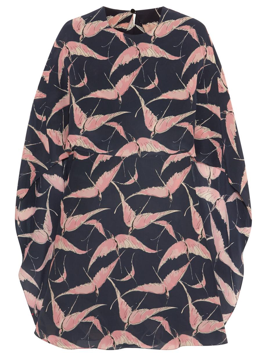 UNWORN Valentino Silk Tropical Birds Print Cape Dress 8 In Excellent Condition For Sale In Switzerland, CH