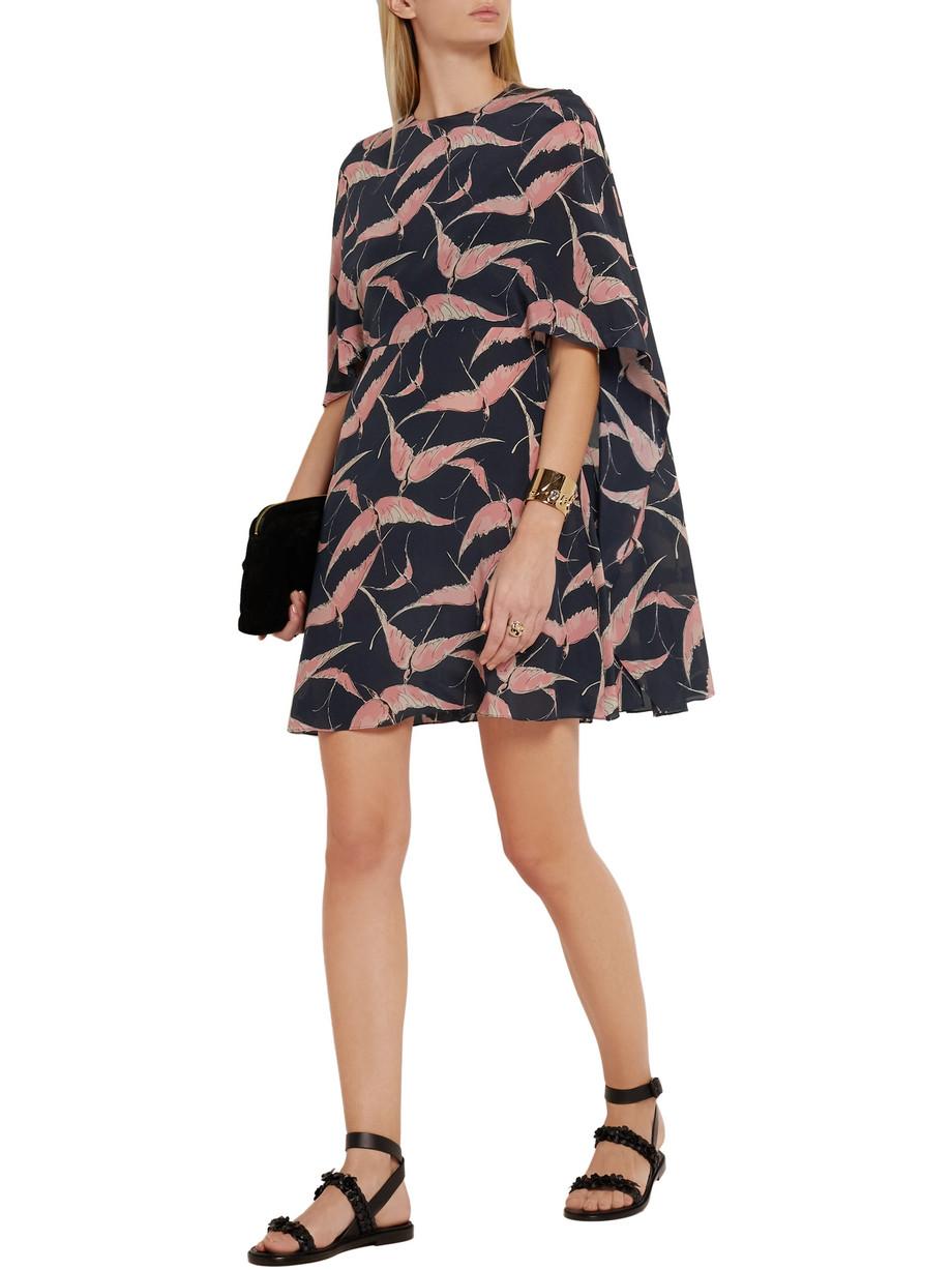 Women's UNWORN Valentino Silk Tropical Birds Print Cape Dress 8 For Sale