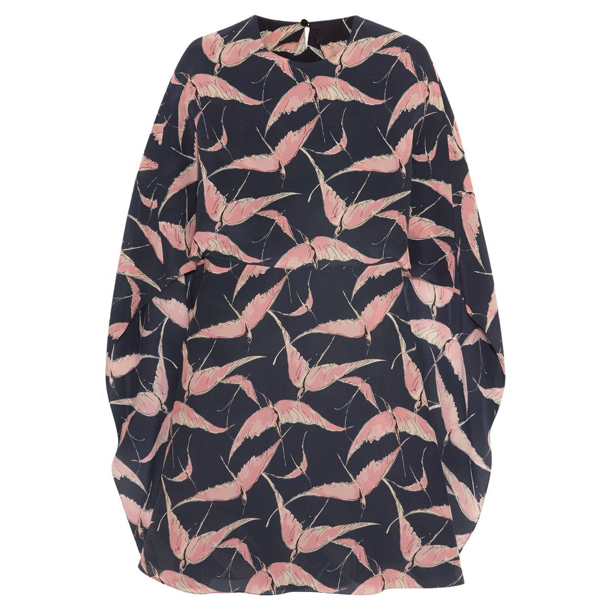 UNWORN Valentino Silk Tropical Birds Print Cape Dress 8 For Sale