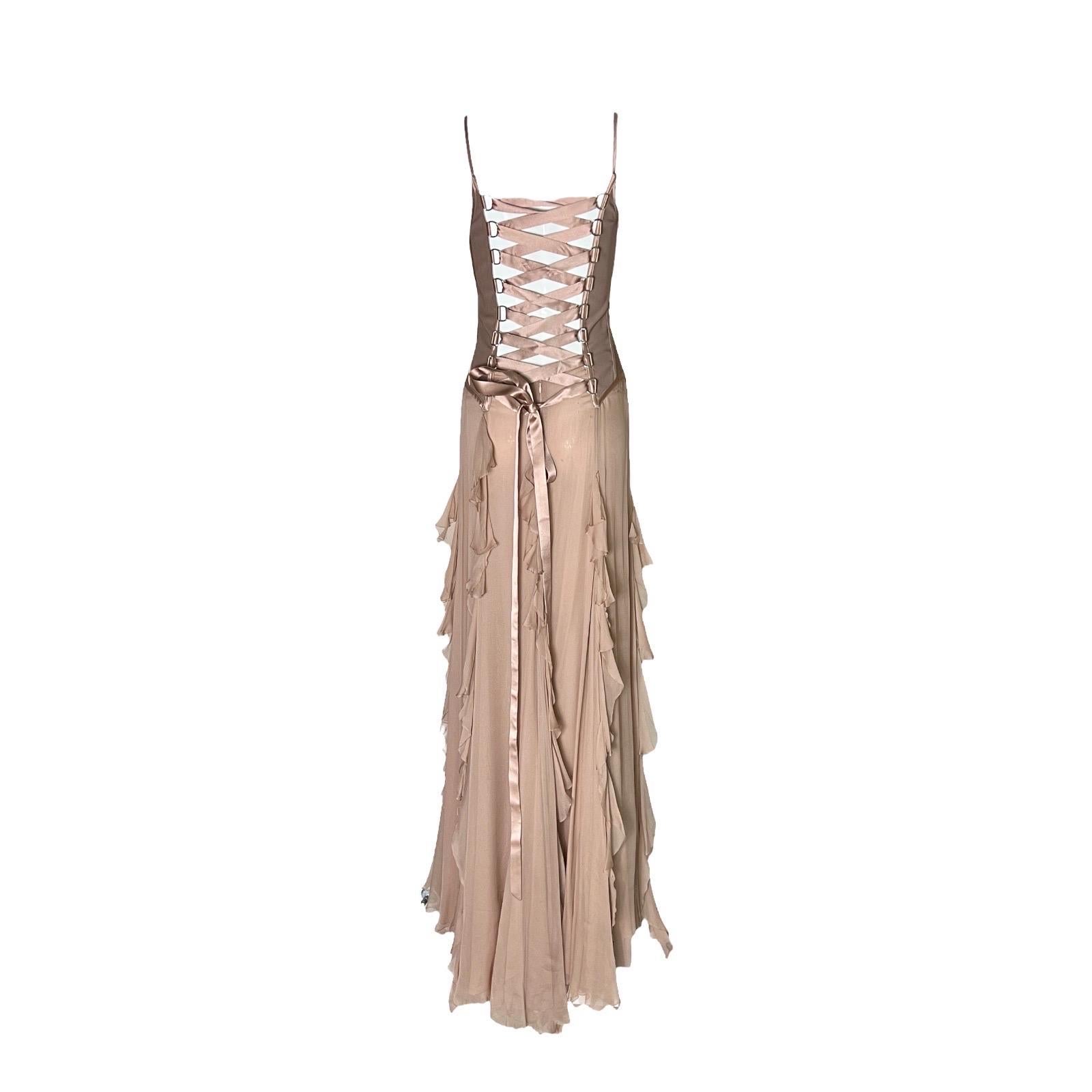 UNWORN Versace 2003 Nude Silk Georgette Lace Up Gown Dress 40 seen on Bella  at 1stDibs