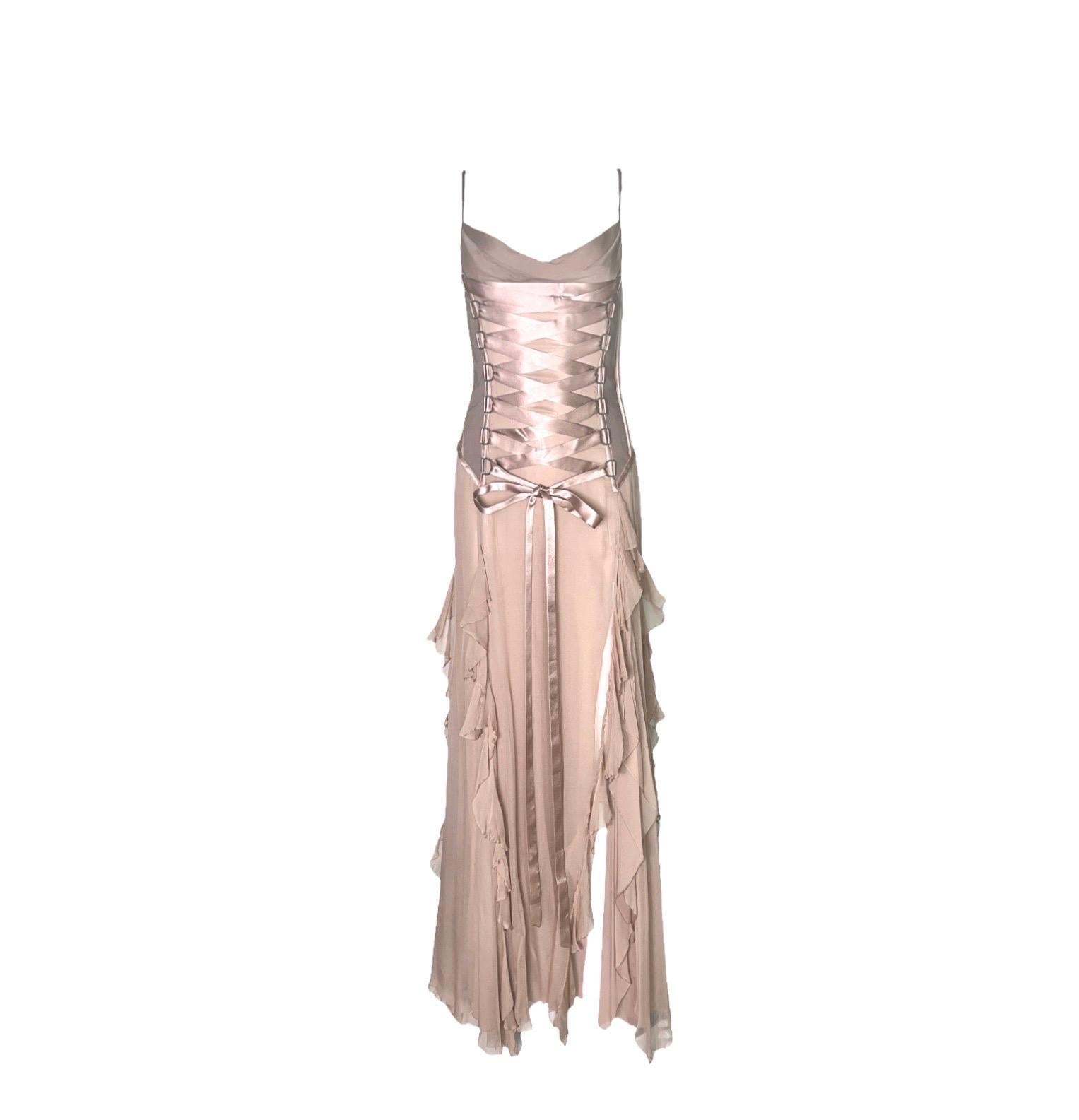 UNWORN Versace 2003 Nude Silk Georgette Lace Up Gown Dress 40 seen on Bella  For Sale at 1stDibs