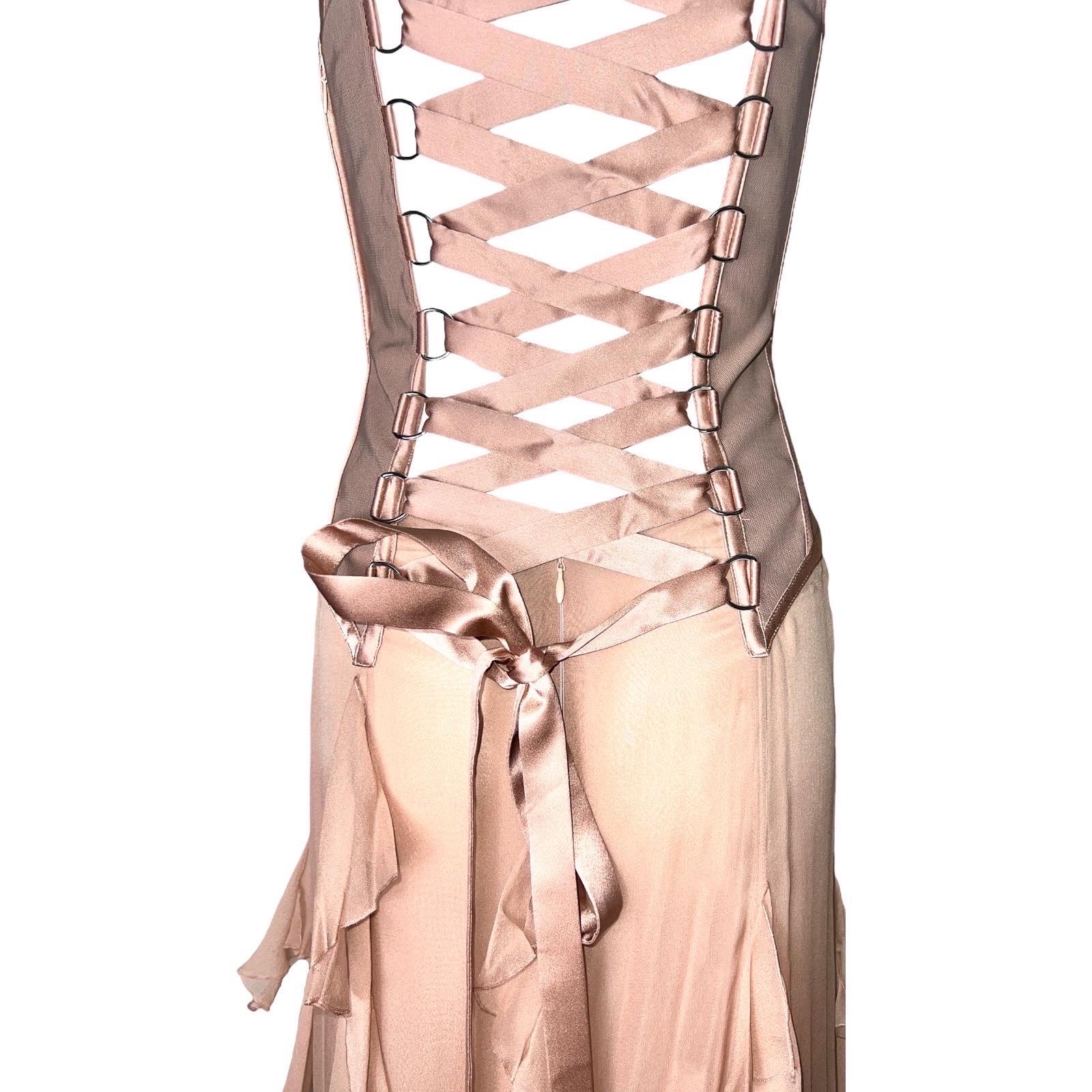 Beige UNWORN Versace 2003 Nude Silk Georgette Lace Up Gown Dress 40 seen on Bella