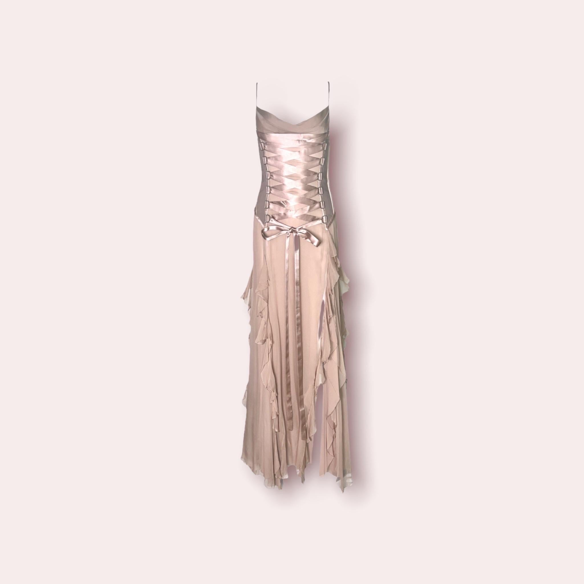 UNWORN Versace 2003 Nude Silk Georgette Lace Up Gown Dress 40 seen on Bella In Good Condition In Switzerland, CH