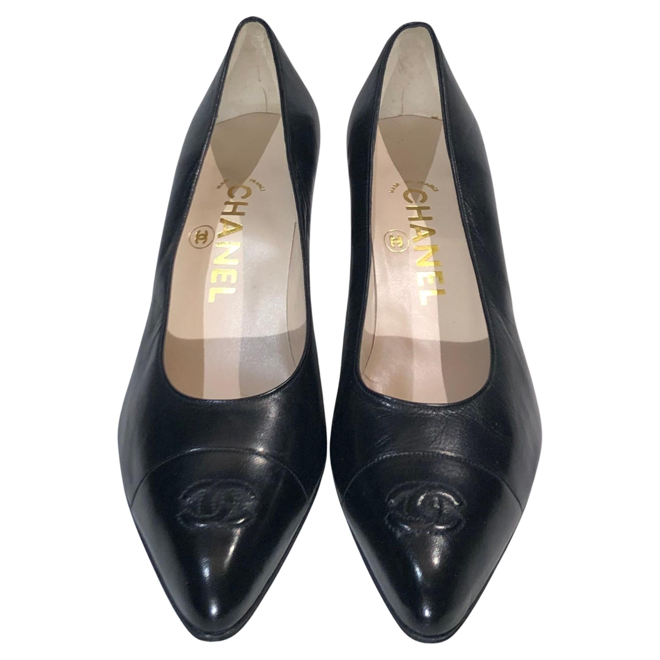 Chanel Classic Black Lambskin “CC” Heels Pointy Shoes  For Sale