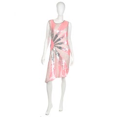 Unworn Vintage Pink & Silver 1920's Style Silk Evening Dress w Beads & Sequins