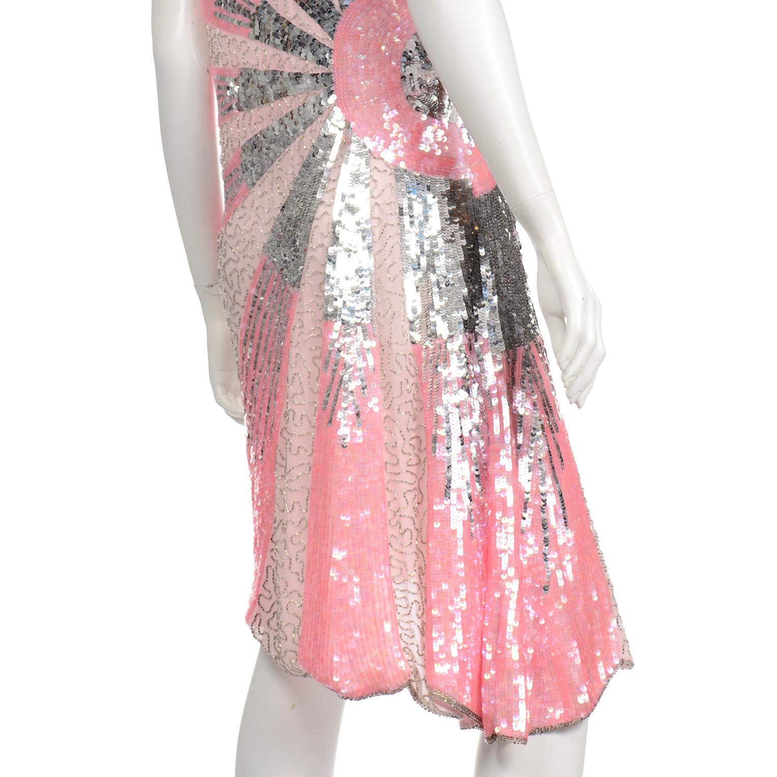 Beige Unworn Vintage Pink & Silver 1920's Style Silk Evening Dress w Beads & Sequins For Sale