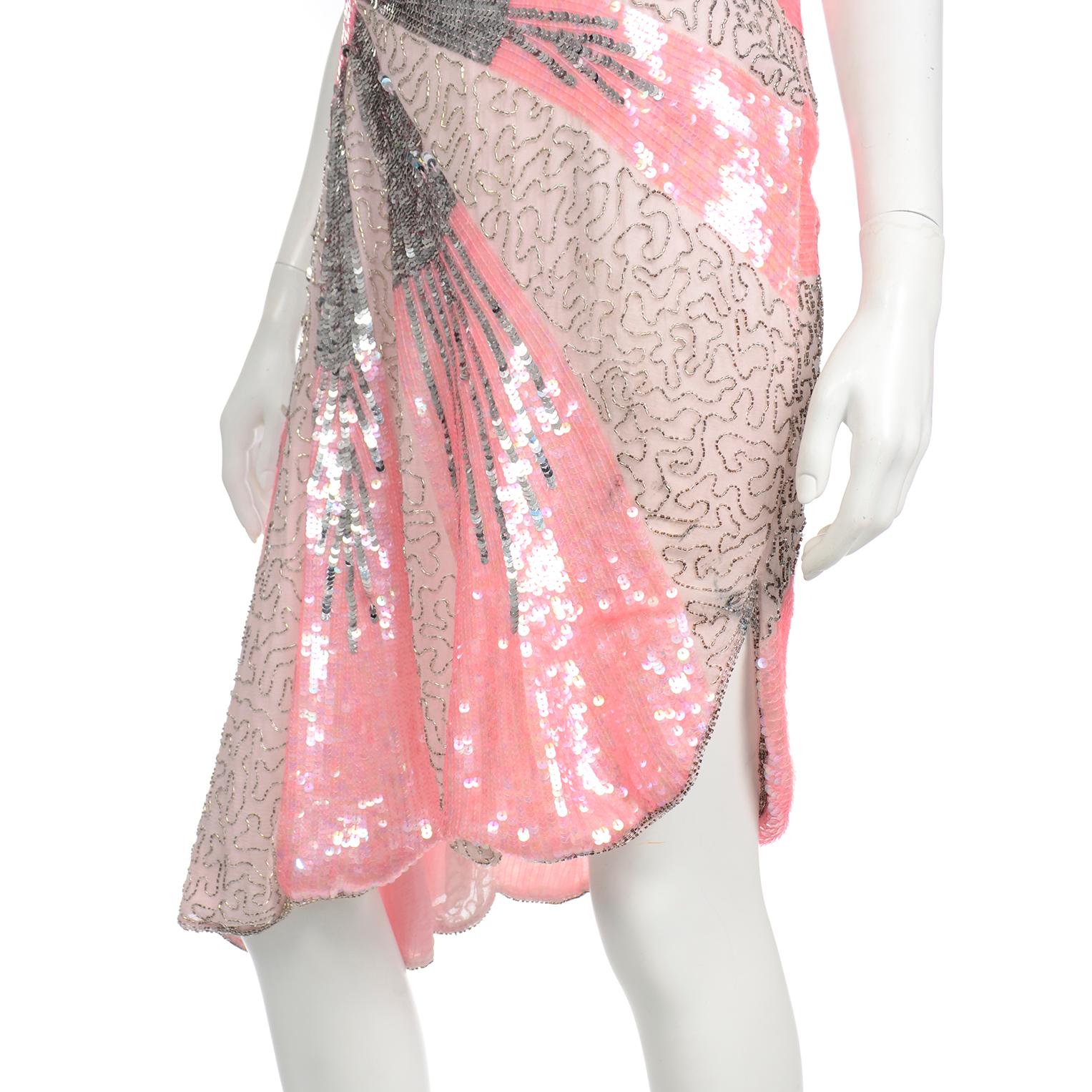 Unworn Vintage Pink & Silver 1920's Style Silk Evening Dress w Beads & Sequins In New Condition For Sale In Portland, OR