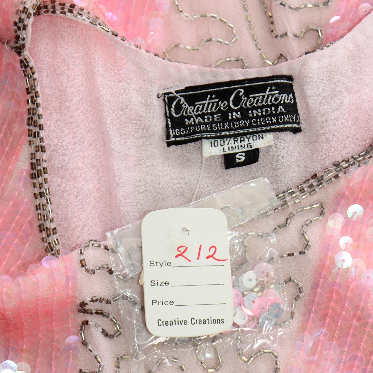 Unworn Vintage Pink & Silver 1920's Style Silk Evening Dress w Beads & Sequins For Sale 1