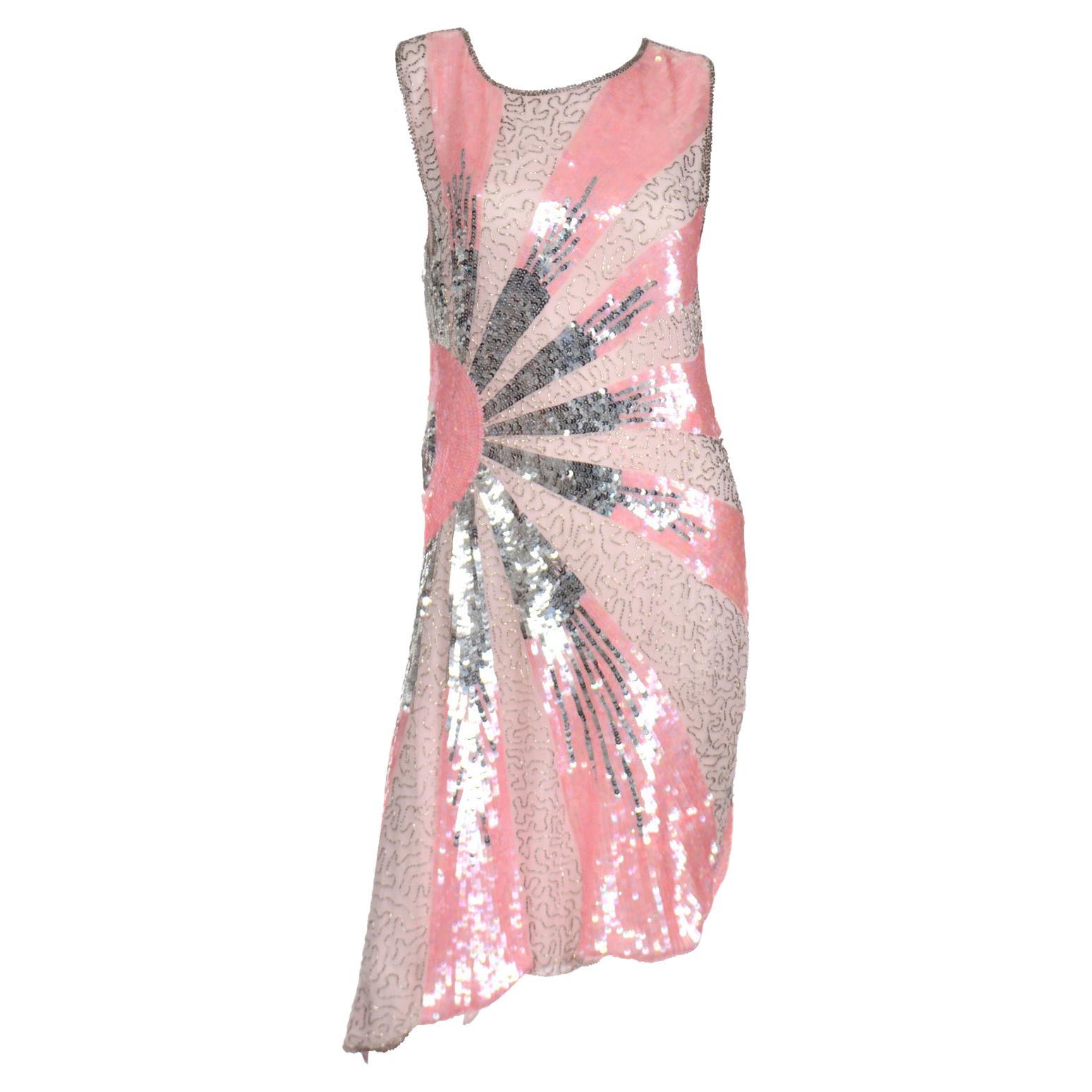 Unworn Vintage Pink & Silver 1920's Style Silk Evening Dress w Beads & Sequins For Sale