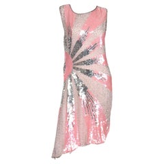 Unworn Vintage Pink & Silver 1920's Style Silk Evening Dress w Beads & Sequins