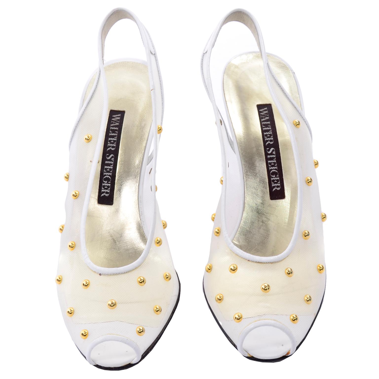 Unworn Walter Steiger Shoes Vintage Peep-Toe White Studded Mesh Slingback Heels In Excellent Condition In Portland, OR